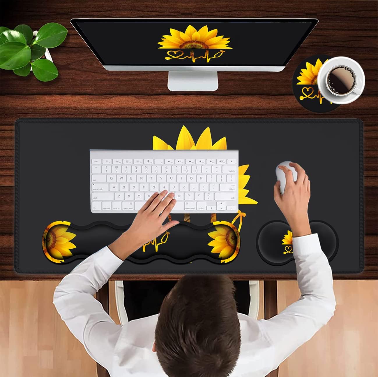 Ergonomic Mouse Pad Set, Desk Mat(31.5×11.8 in) + Keyboard Wrist Rest Support + Mouse Wrist Rest + Coasters for Office,Home,Computer,Laptop -Sunflower Nurse Pattern Black Gaming Large Mousepads