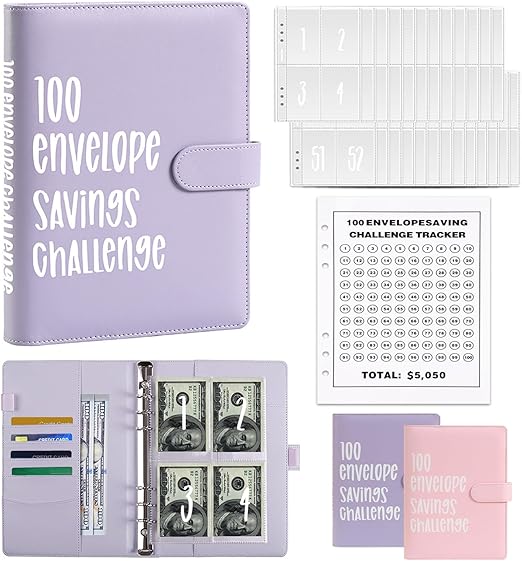 100 Envelopes Money Saving Challenge Binder Money Savings Budget Challenge Book with Cash Envelopes Challenge Tracker for Home,Office,School,Easy and Fun Way to Save $5050 Purple