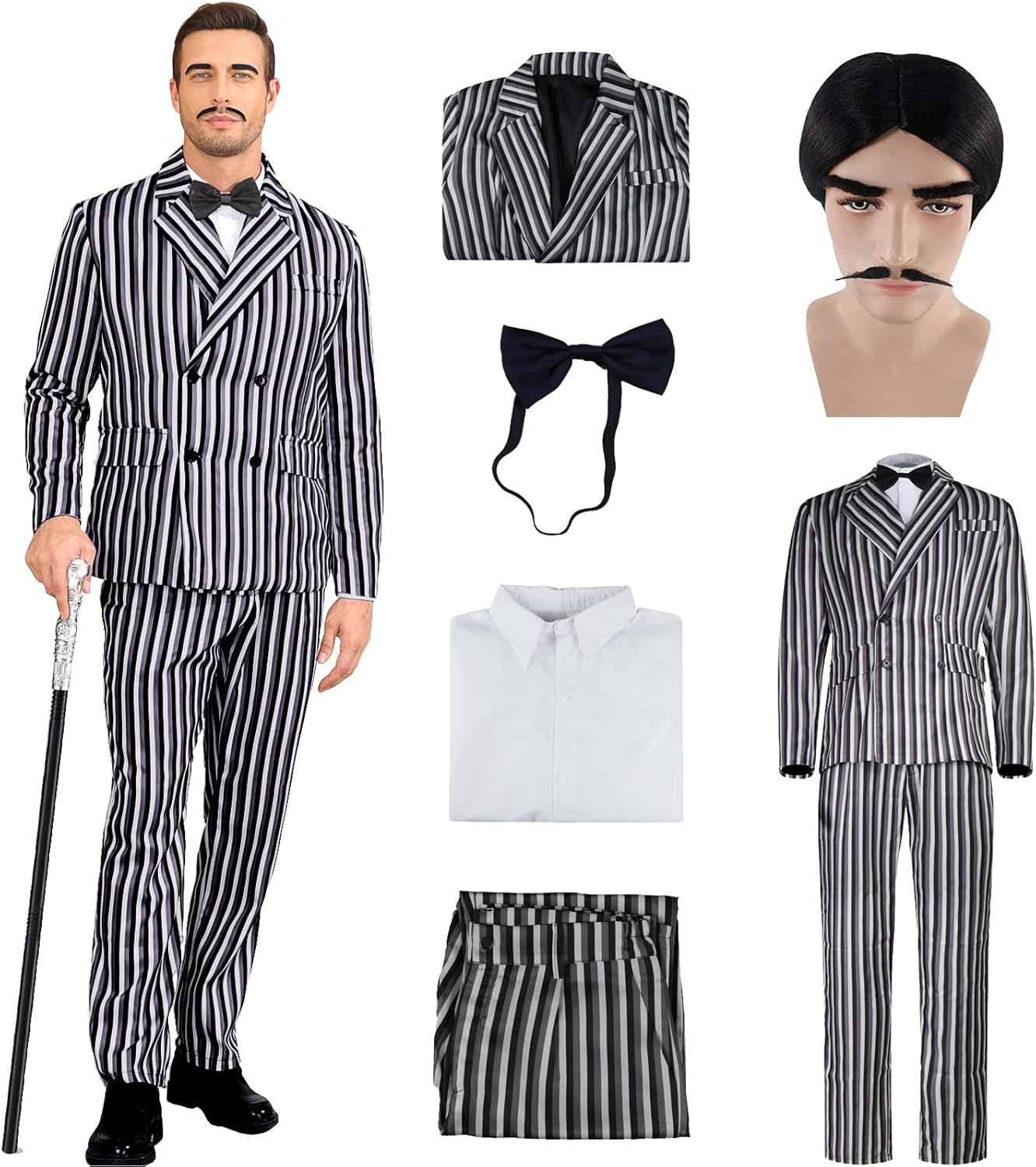 Men's 1920s Gangster Costume Wig Pinstripe Suit Blazer Jacket Shirt Pants Set with Necktie Halloween Cosplay Outfits