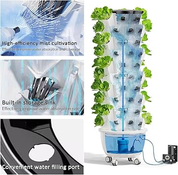 Aeroponic Tower Garden System, Vertical Hydroponic Setup with Automatic Water Circulation for Growing Herbs, Fruits, and Vegetables