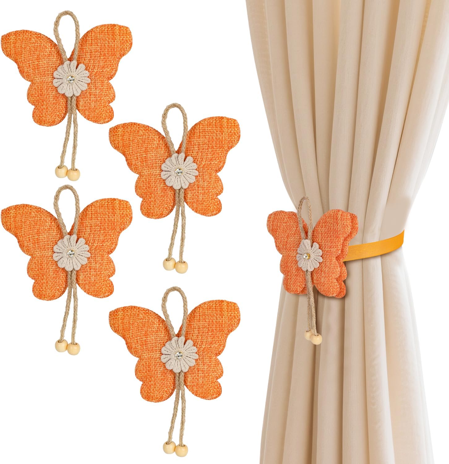 4 Pcs Cute Butterfly Curtain Holdbacks,Magnetic Curtain Tie Backs Decorative Rope for Living Room Bedroom Kitchen Bathroom Decoration (Orange)
