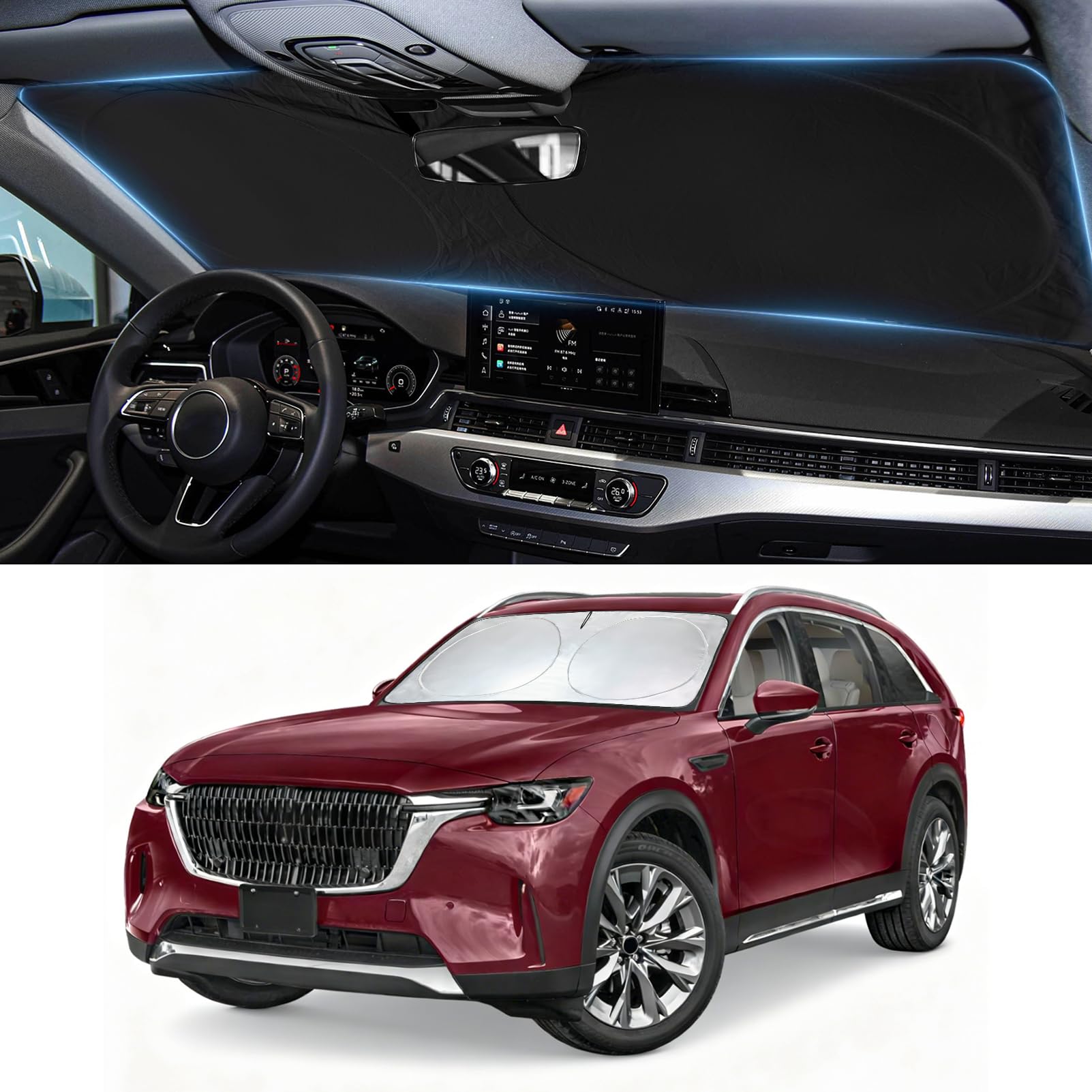 Windshield Sun Shade for 2024 2025 2026 Mazda CX-90 CX90 PHEV, Custom-Fit CX90 Sun Visor Protector, 99% UV Block Heat Sun Shield, Silver Reflective Front Window Sunshade