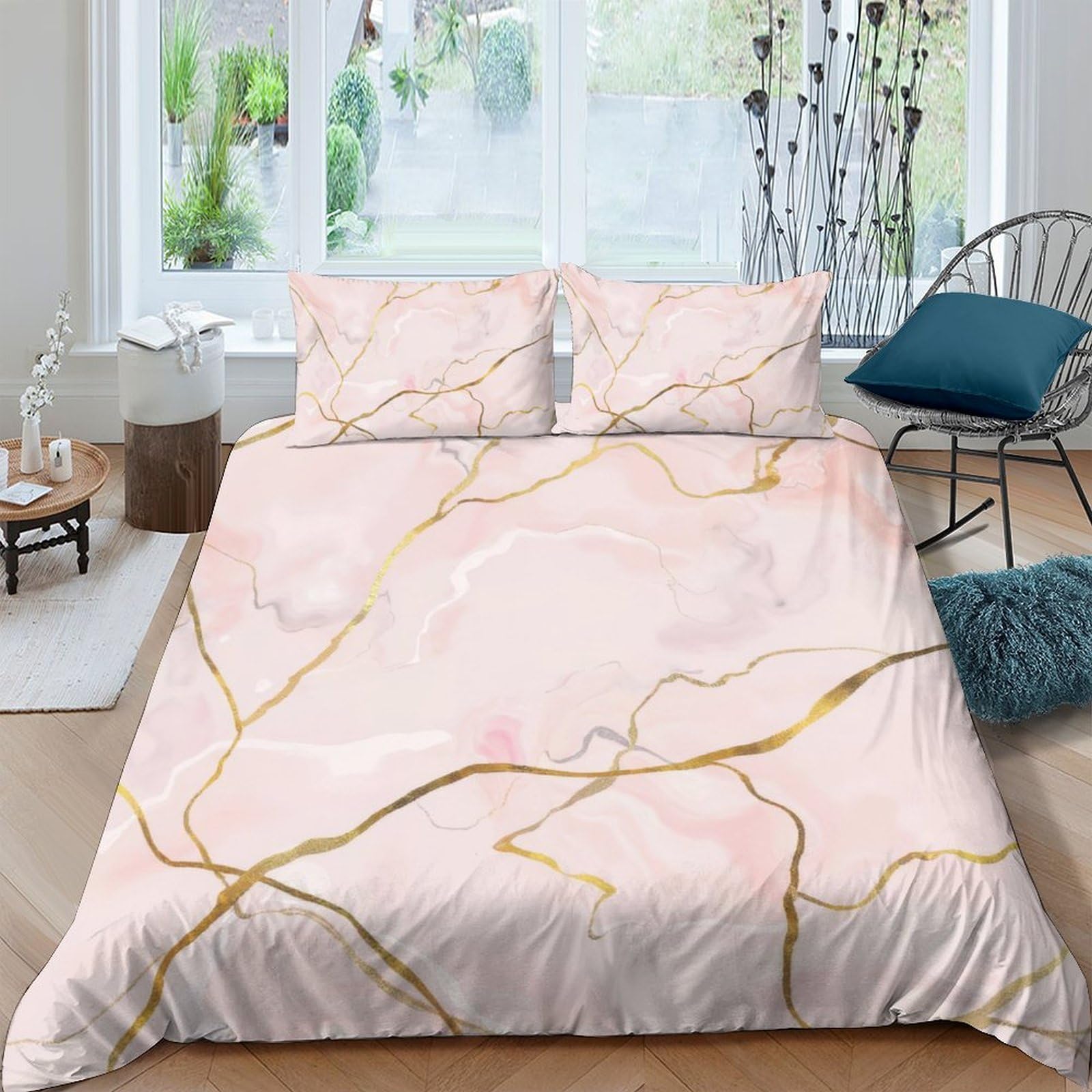 Ctjqhvkz Style-9 3D Printed Pink Marble Fitted Sheet Microfiber Soft Gold Vein Bed Cover For Bedroom Guest Room Dorm Decor Single（135X200cm）