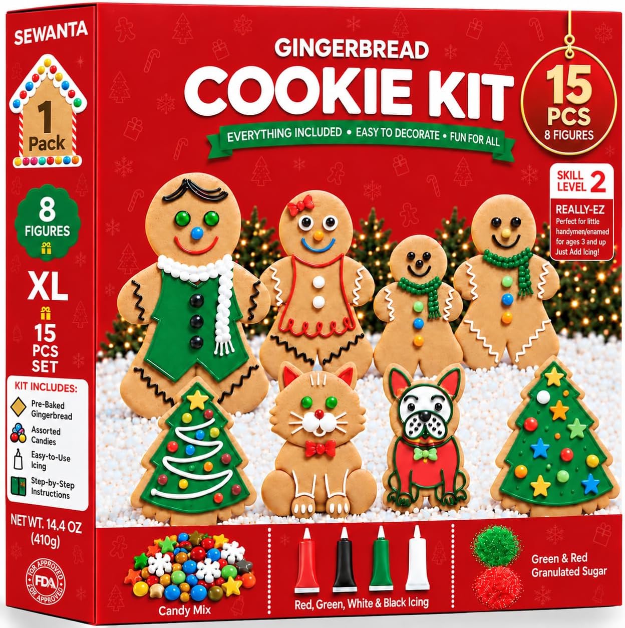 Gingerbread Cookie Kit [Set of 8] Cookie decorating kit: 2 Moms/Dads 2 Boys/Girls, Dog & Cat. Holiday Fun Activity for Kids - Kit Includes 16 Cookies/Tray/8 Color Tips/4 color Crystals (15 Pcs Set)