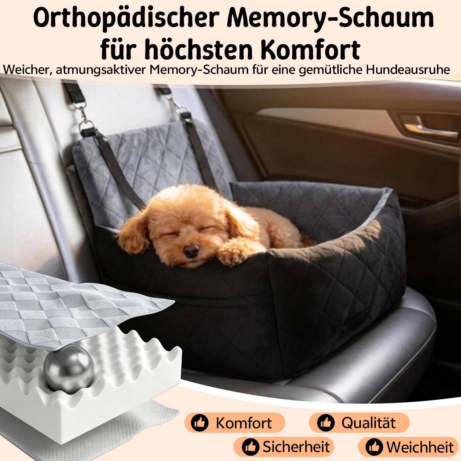 Hunde Autositz für kleine bis mittlere Hunde, Waschbares mit Aufbewahrungstaschen Memory-Schaum Hundebooster rutschfeste Unterseite & 2 Sicherheitsgurte, Reise-Hundebett für Vordersitz und Rückbank