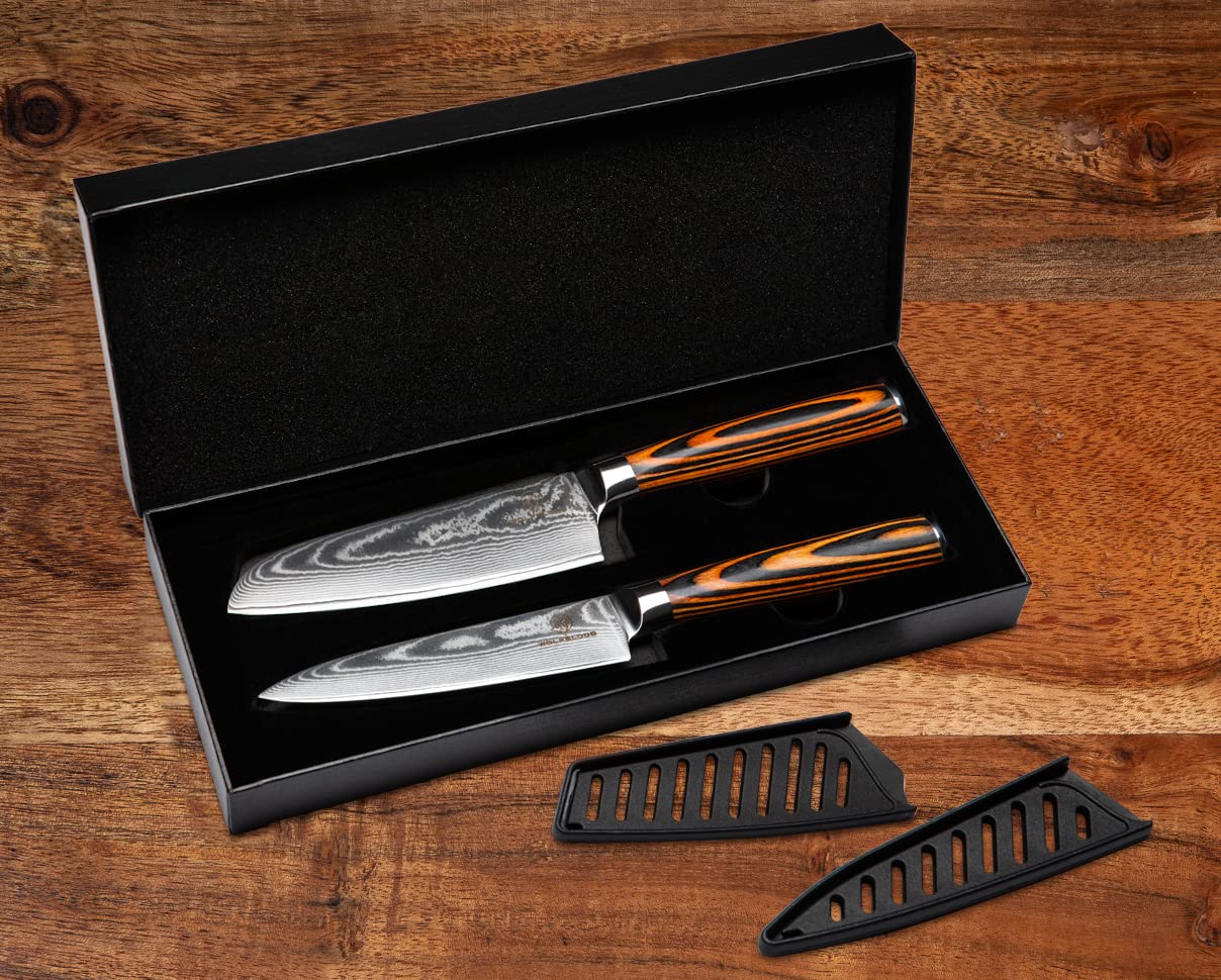 Wolfblood Damastmesser Set 2er (24cm/13cm Klinge) TÜV geprüfter 62 HRC Damaststahl aus 67 Lagen I Damast Küchenmesser Set mit Santokumesser Chefmesser Holzgriff Geschenkbox & Klingenschutz