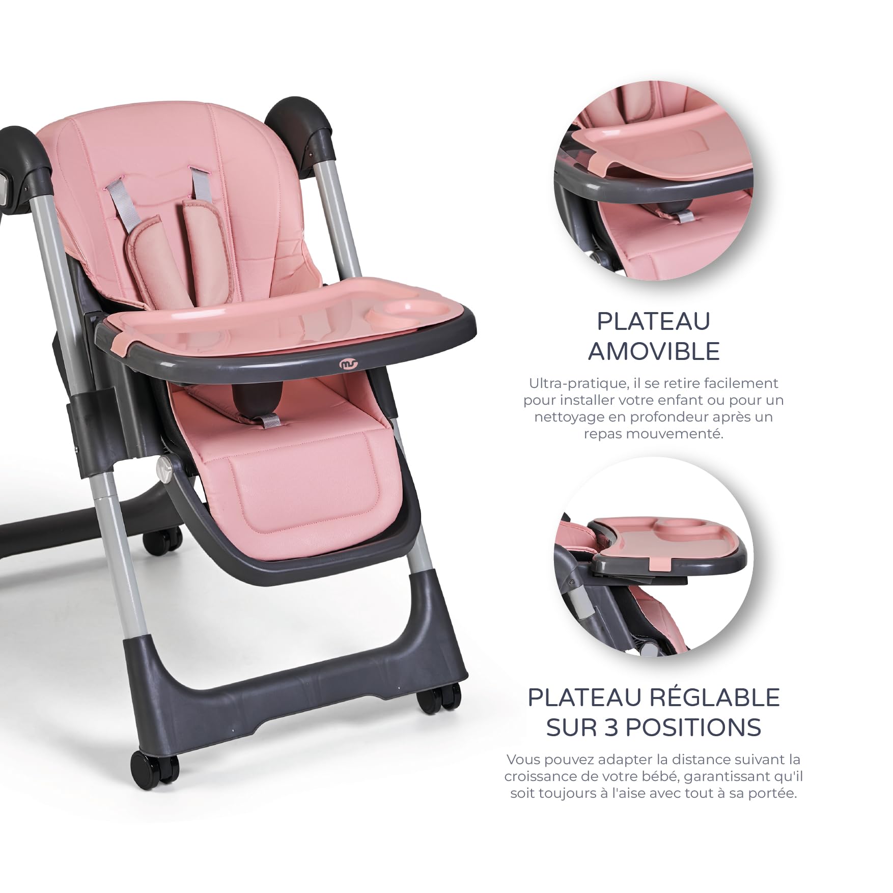 Ms BabyWorld - Chaise haute évolutive pour bébé Tasty | 7 positions de hauteur et 3 inclinaisons | Plateau amovible et repose-pieds réglable | Portable, pliable, jusqu’à 3 ans (Rose)