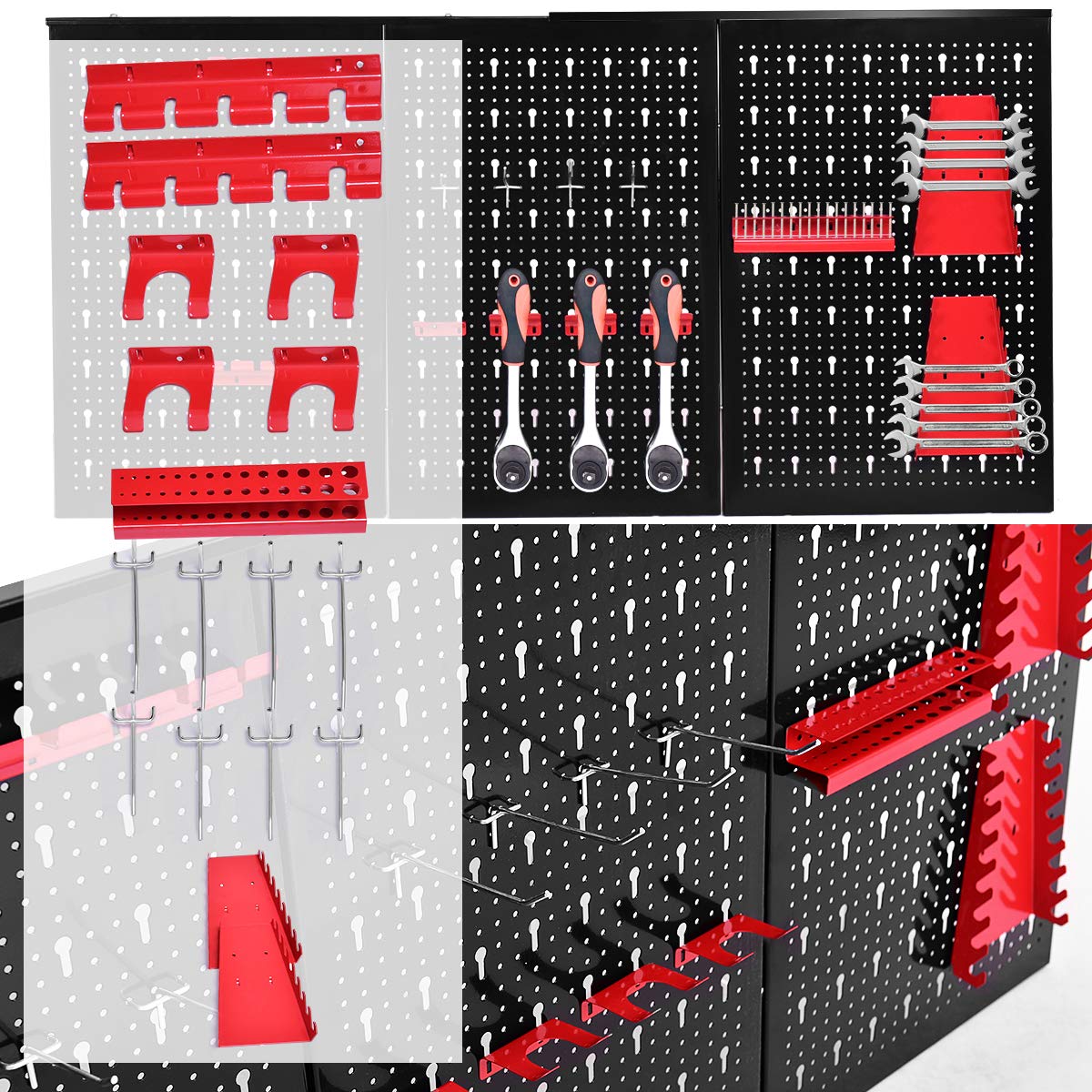 RELAX4LIFE Werkzeugwand Lochwand Werkzeuglochwand Lochplatten Werkstattwand, 3 Lochbleche mit 14 tlg. Hakenset, für Werkstatt, aus Metall, Schwarz, 120 x 60 x 2 CM