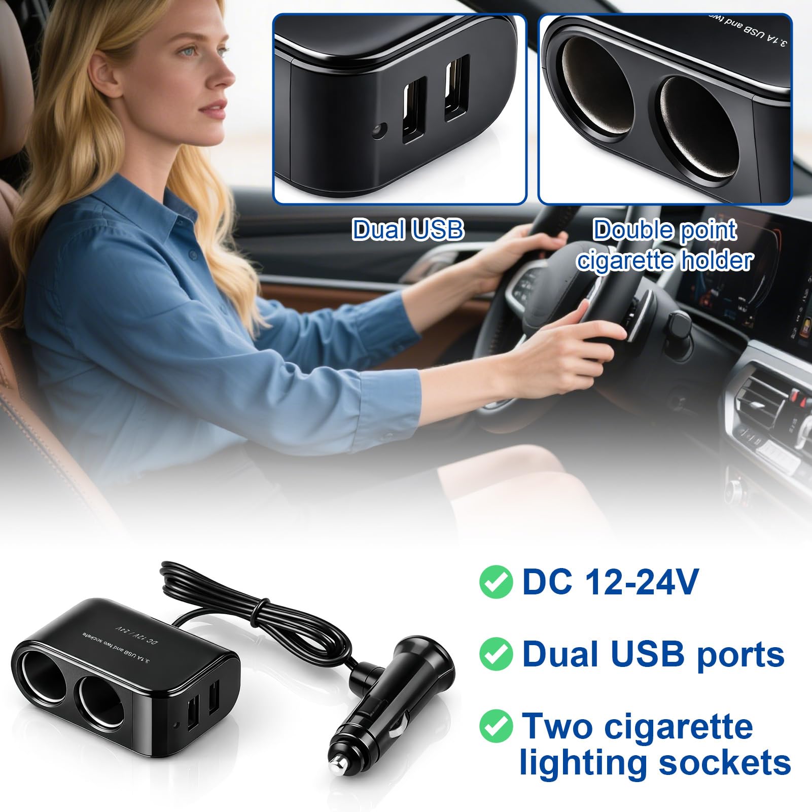 Double Prise Allume Cigare 12V/24V avec 2 Ports USB Répartiteur Adaptateur Double avec Prise USB et Multiprise pour Véhicule Chargeur Voiture 3.1A pour Voiture Camion Camping-Car - 5