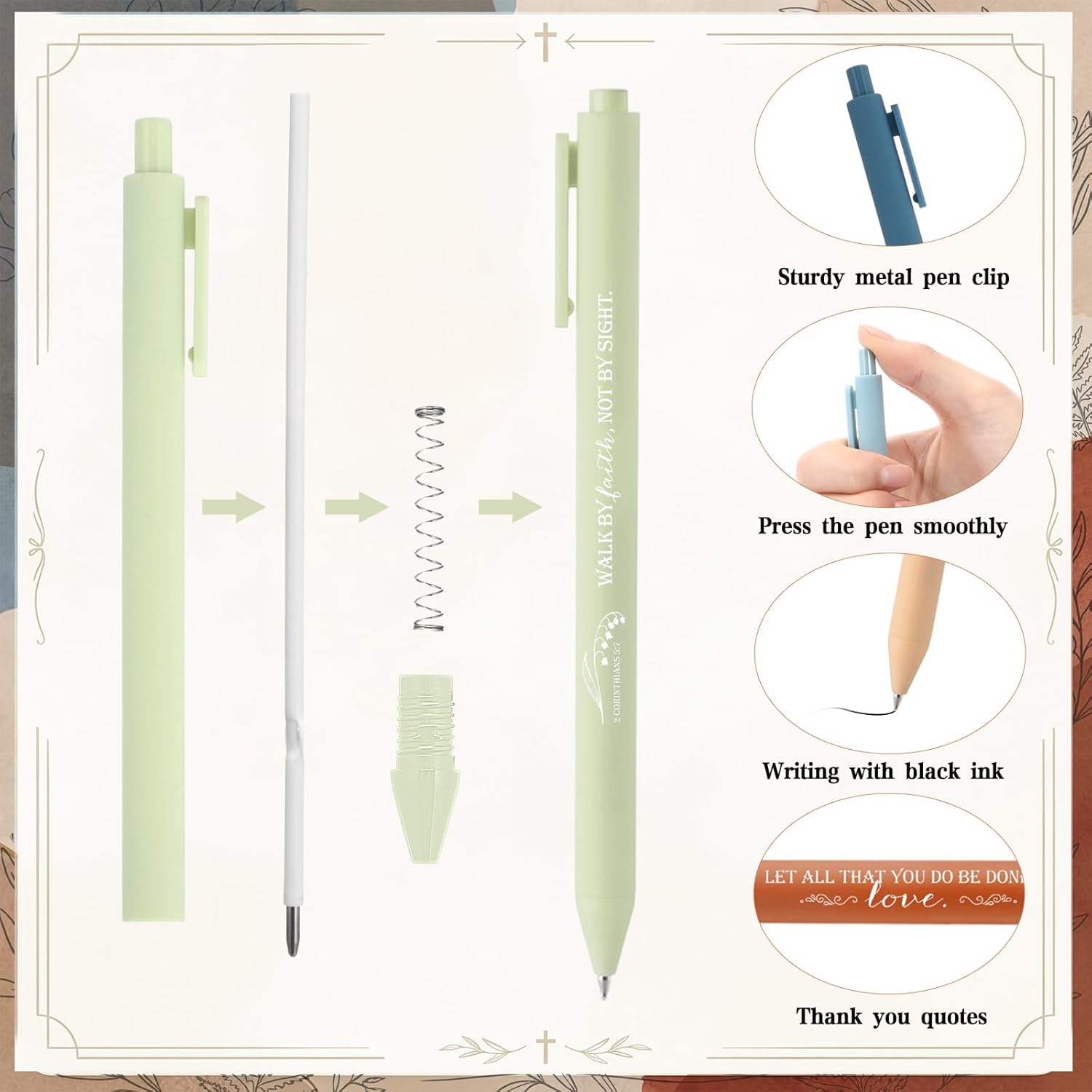 Sayglossy 100 Pcs Scripture Ballpoint Pens Christian Gifts Bulk Party Favors for Church Office Sunday School Bible Study Supplies Birthday Religious Inspirational First Communion (Morandi)