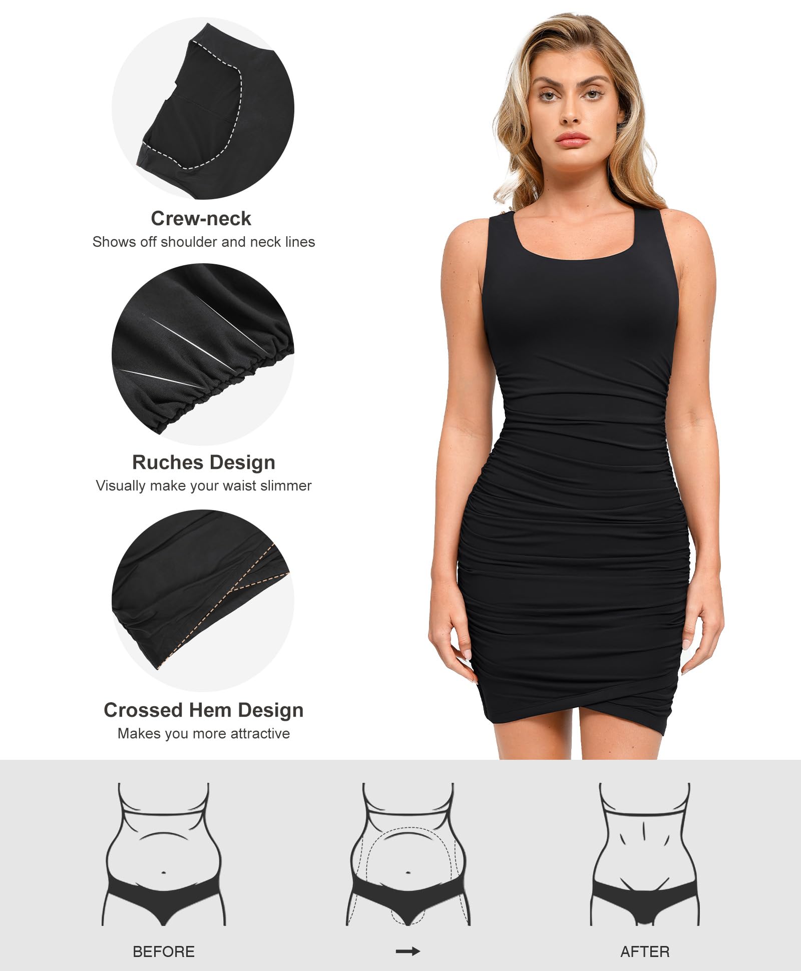 Popilush Mini Dresses for Women U-Neck Shapewear Tummy Control Bodycon Ruched Dress Party Club Date Night Going Out: X-Small Black