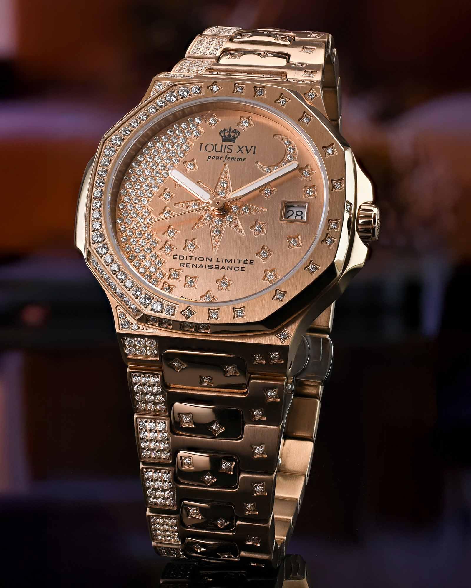 LOUIS XVI Renaissance Femme 6110 - Ø 35 mm - Damen Uhr - Wasserdicht - Armband Roségold - Zifferblatt Stars Edition Roségold mit Diamanten - Schweizer Quarzwerk