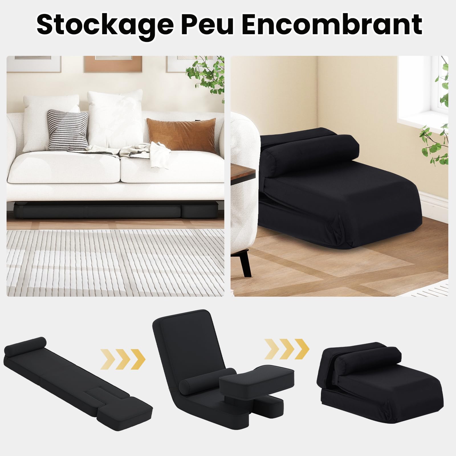 COSTWAY Canapé Paresseux Pliable, Fauteuil de Sol Gaming avec Dossier Réglable en 5 Positions, Repose-Pieds, Tablette, Coussin Confortable, Siège Relax Rembourré, Idéal pour Méditation, Lecture, Noir