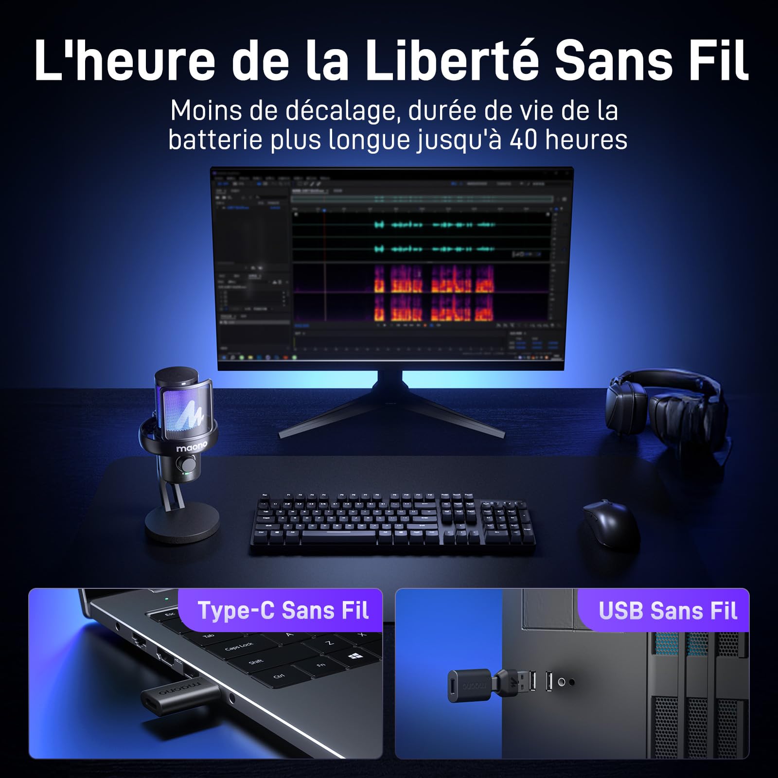 MAONO Micro Gaming sans Fil pour PC, Microphone USB avec Changeur de Voix IA, Suppression du Bruit, EQ Personnalisé, éclairage RVB Réglable pour Jeux, Podcasts, Streaming, DM40 Noir