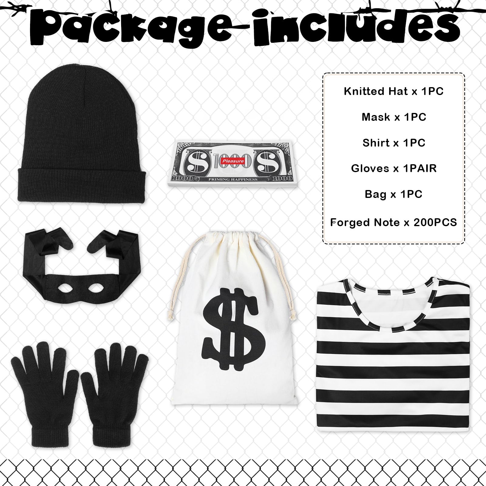 Suffolly Prisoner Costume Kids,Zombie Convict Costumes,Robber Costum Includes Top,Pant,Hat,Handcuffs Cops and Robbers Fancy Dress Burglar Costum,Halloween Costumes for Kids (Adult - Image 3