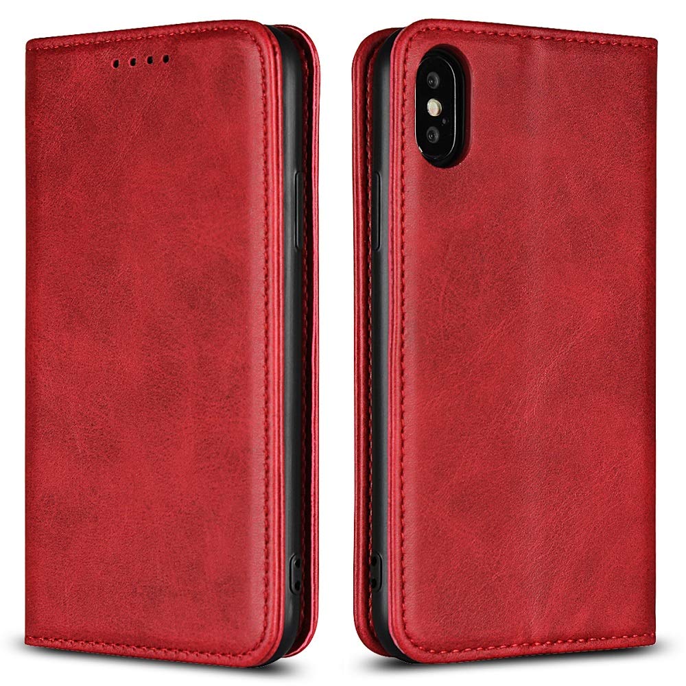 SailorTech iPhone X Wallet Case, Premium PU Leather Full Protective Folio Flip Cover with Stand Feature and Built-in Magnet & 3-Slots ID & Credit Cards Pockets for iPhone X case（5.8"）-Wine Red