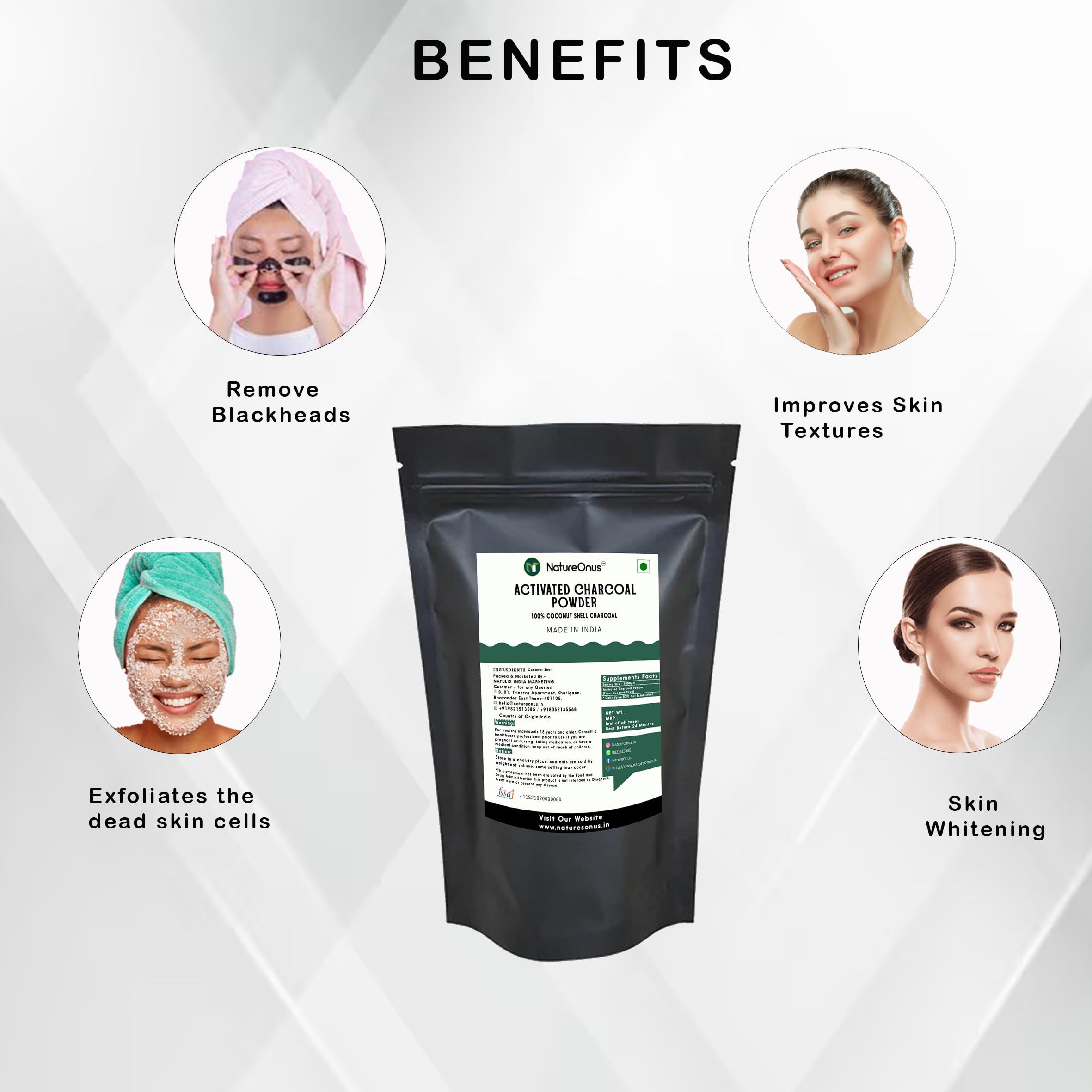NatureOnus Activated Charcoal Powder 500g | AAA+ Grade Coconut Shells Powder | Teeth Whitening, Detox & Cleansing Powder for Face, Skin, and DIY Use, Food-Grade 2