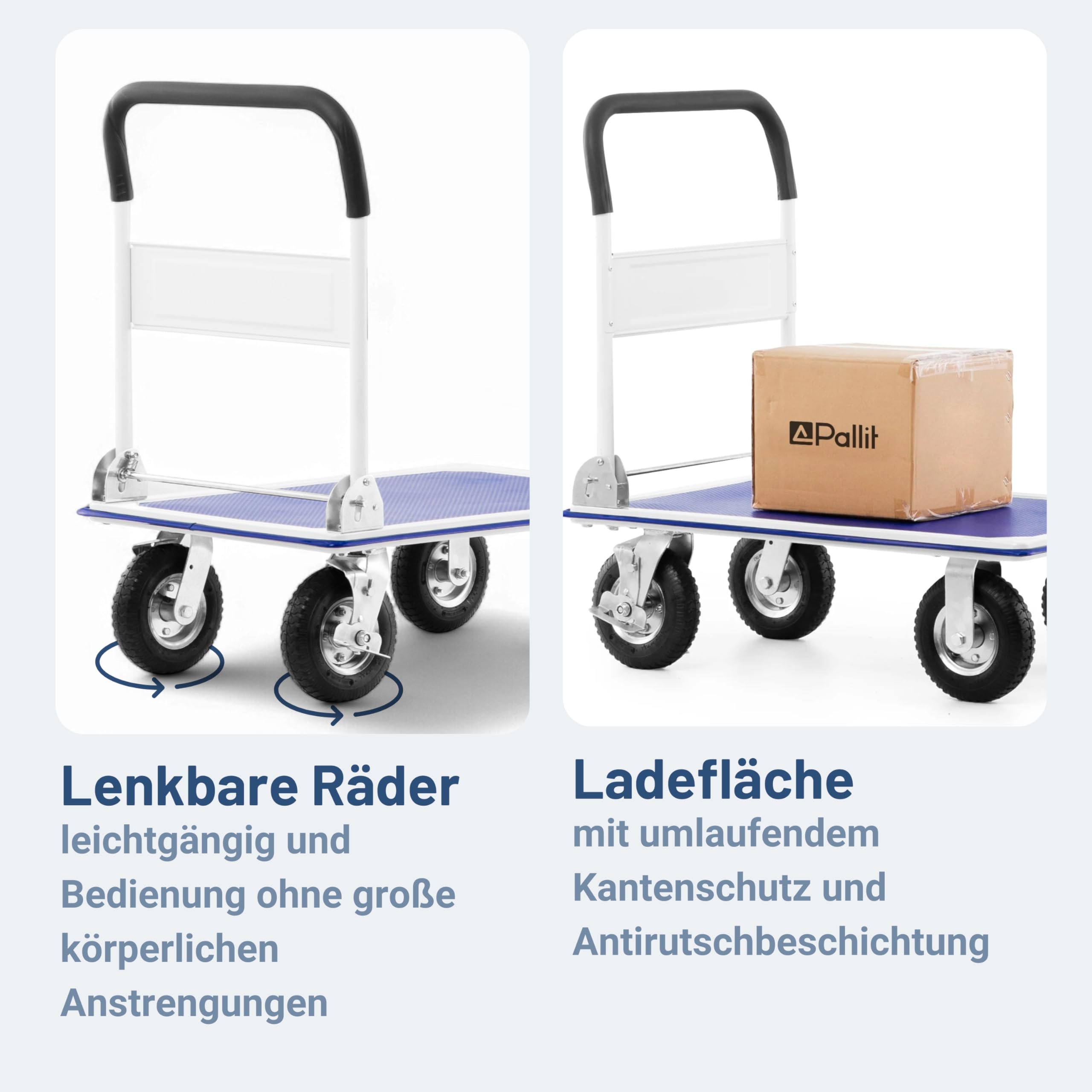 Pallit Transportwagen klappbar 300kg Rollwagen mit lenkbarer Luftbereifung Anti-Rutsch Plattformwagen Carry-R Transporthilfe Handwagen mit Feststellbremse