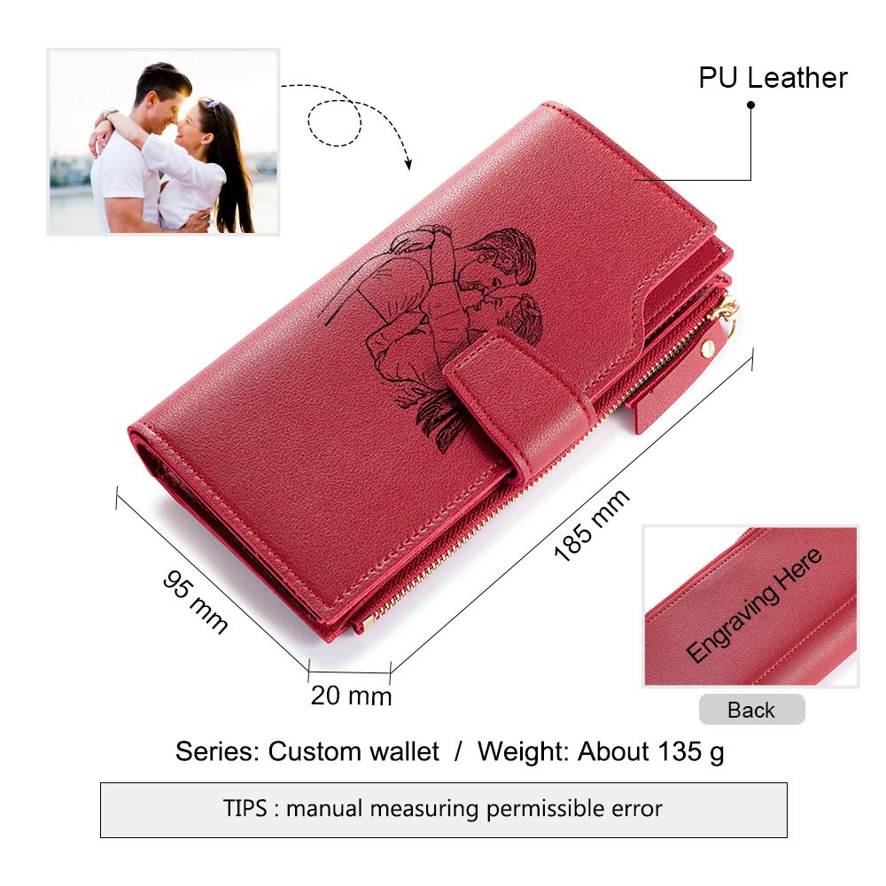 Lovejewelry Personalized Wallets for Women Photo Engraved PU Leather Trifold Wallet Credit Card Clutch Long Wallet for Girlfriend Mom Mother’s Day (Red -2), Wa-100359