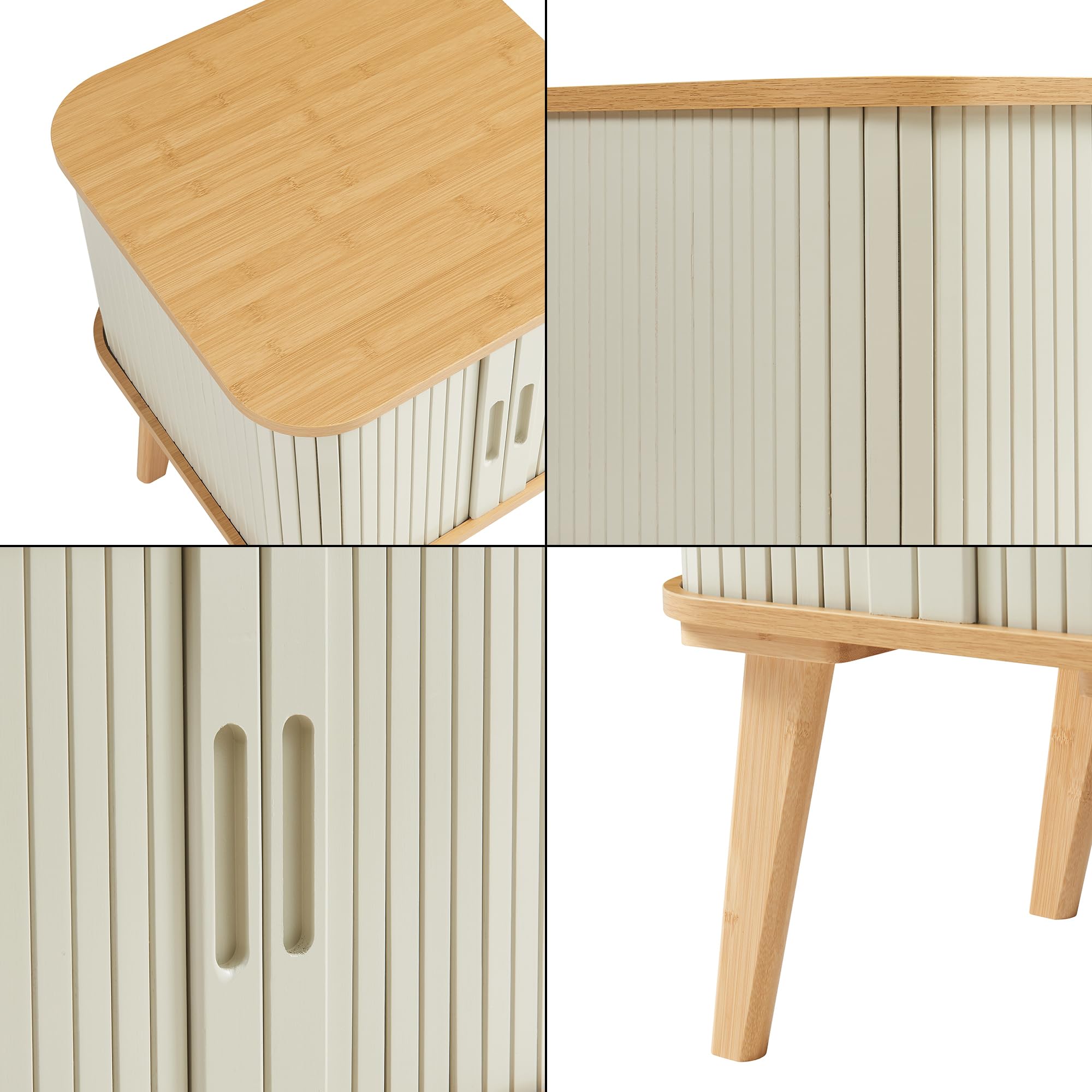 [en.casa] Table d'Appoint Design Scandinave Table de Nuit Chevet Bout de Canapé Table Basse avec Portes Coulissantes Compartiment de Rangement Salon Chambre Bambou 59 x 45 x 45 cm Naturel Blanc Crème