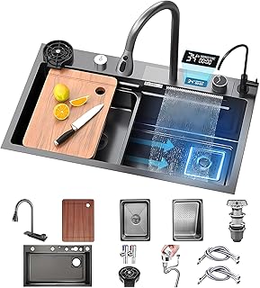 Fregadero de cocina con cascada, 80 × 45 cm, grifo de cascada LED, tabla de cortar deslizante y lavavajillas de alta pre...