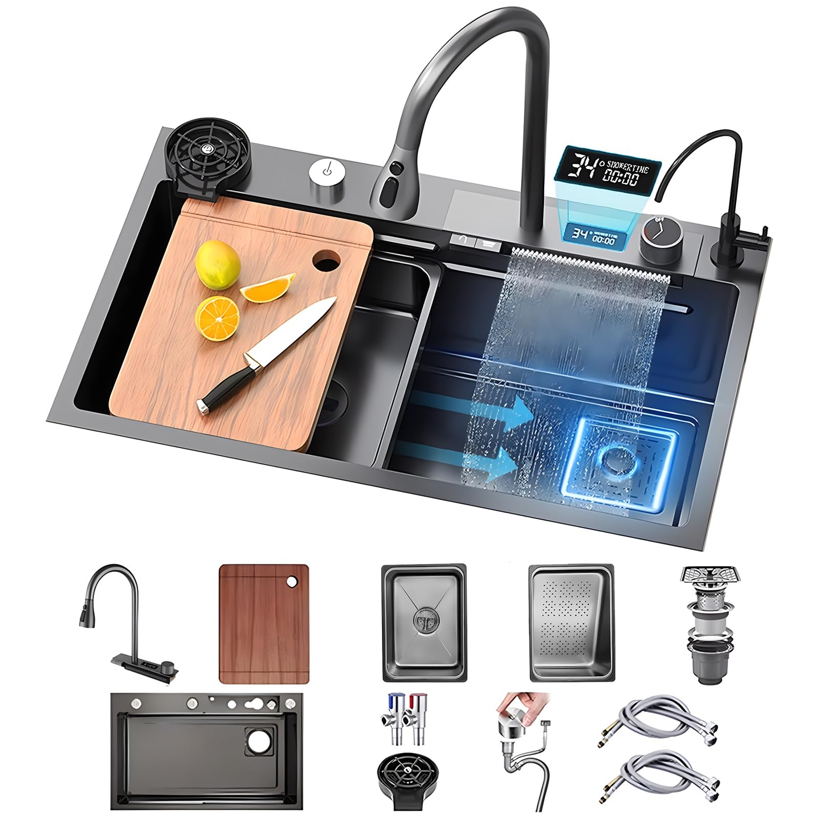 WIQUYBML 75 x 45 cm LED Kitchen Sink with Waterfall Tap, Stainless Steel for Home Use Pressure Washer, Chopping Board, Dish Drainer and Accessories
