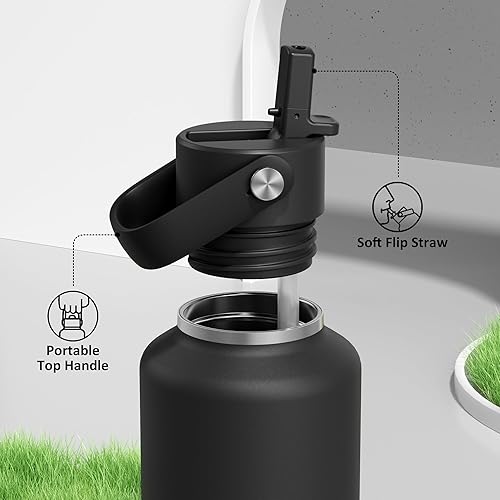 Miniatura 4 de POWCAN Botella de agua delgada de acero inoxidable de 24 onzas para a prueba de sudor, tapa flexible, ligera, boca estándar, asa superior, frasco