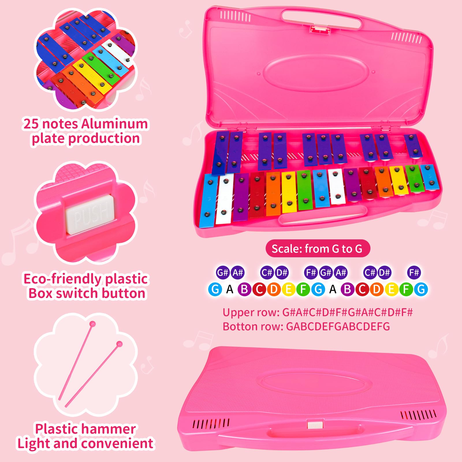 Glockenspiel - Xilófono - 25 notas coloridas teclas metálicas con mazos, instrumento musical de percusión, enseñanza de música educativa para principiantes, rosa