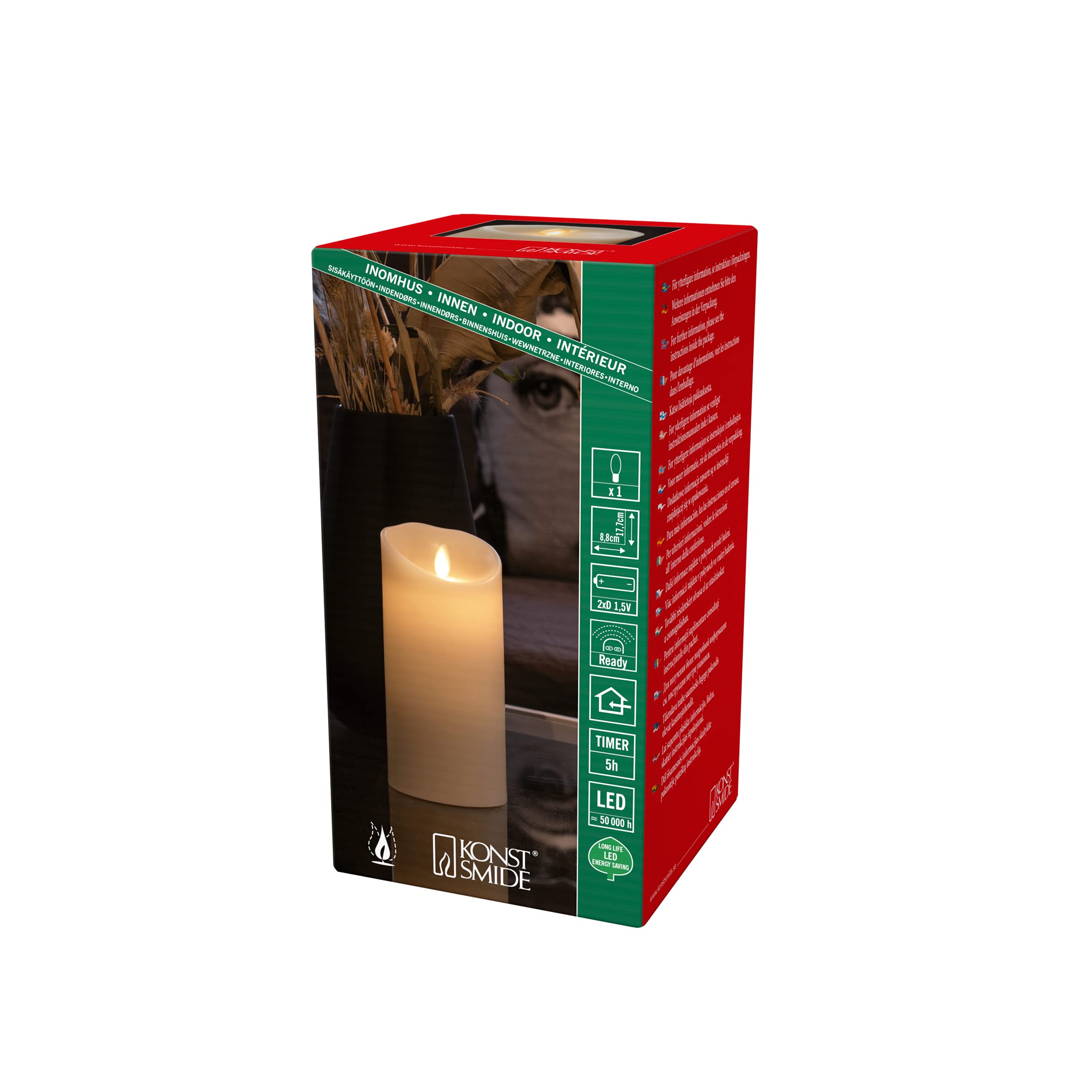 Konstsmide Candela a LED in vera cera, con fiamma 3D e bordo fuso, timer 5H, telecomando 1650-700, 1 diodo bianco caldo, funzionamento a batteria, 2 x D 1,5 V (non inclusa)