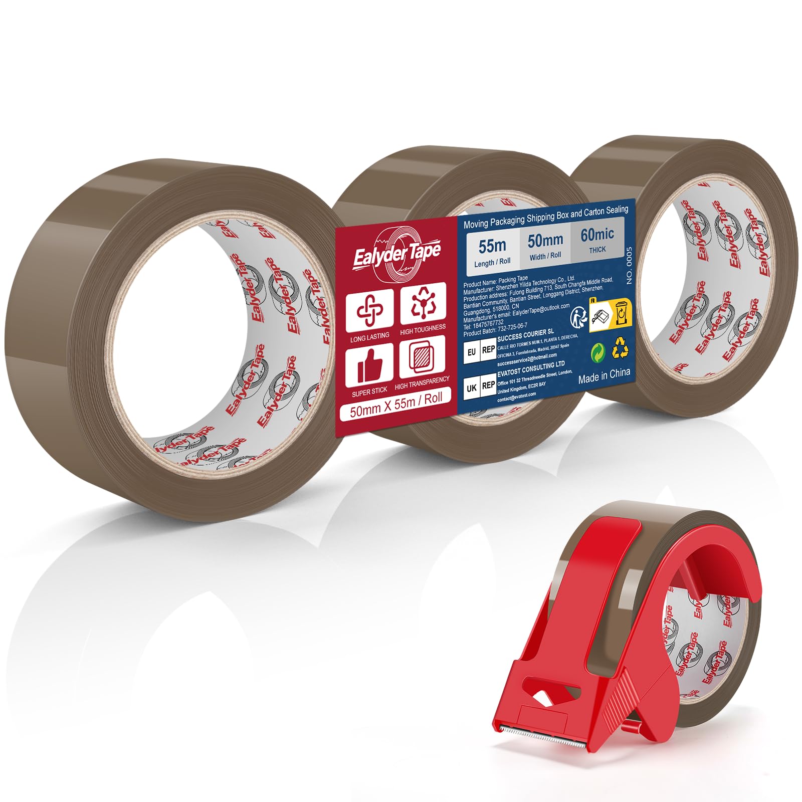 Ealyder Tape Brown Packing Tape 50mm x 55m x 48mic, 3 Rolls with Dispenser – Heavy Duty Parcel Sealing Tape for Shipping, Moving and Storage