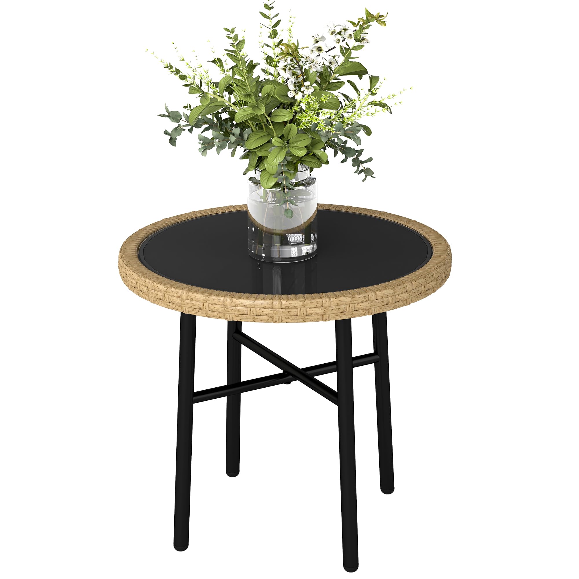 Outsunny Table Basse Ronde de Jardin en Résine Aspect Rotin, Acier et Plateau Verre Trempé Ø 46 cm, Naturel