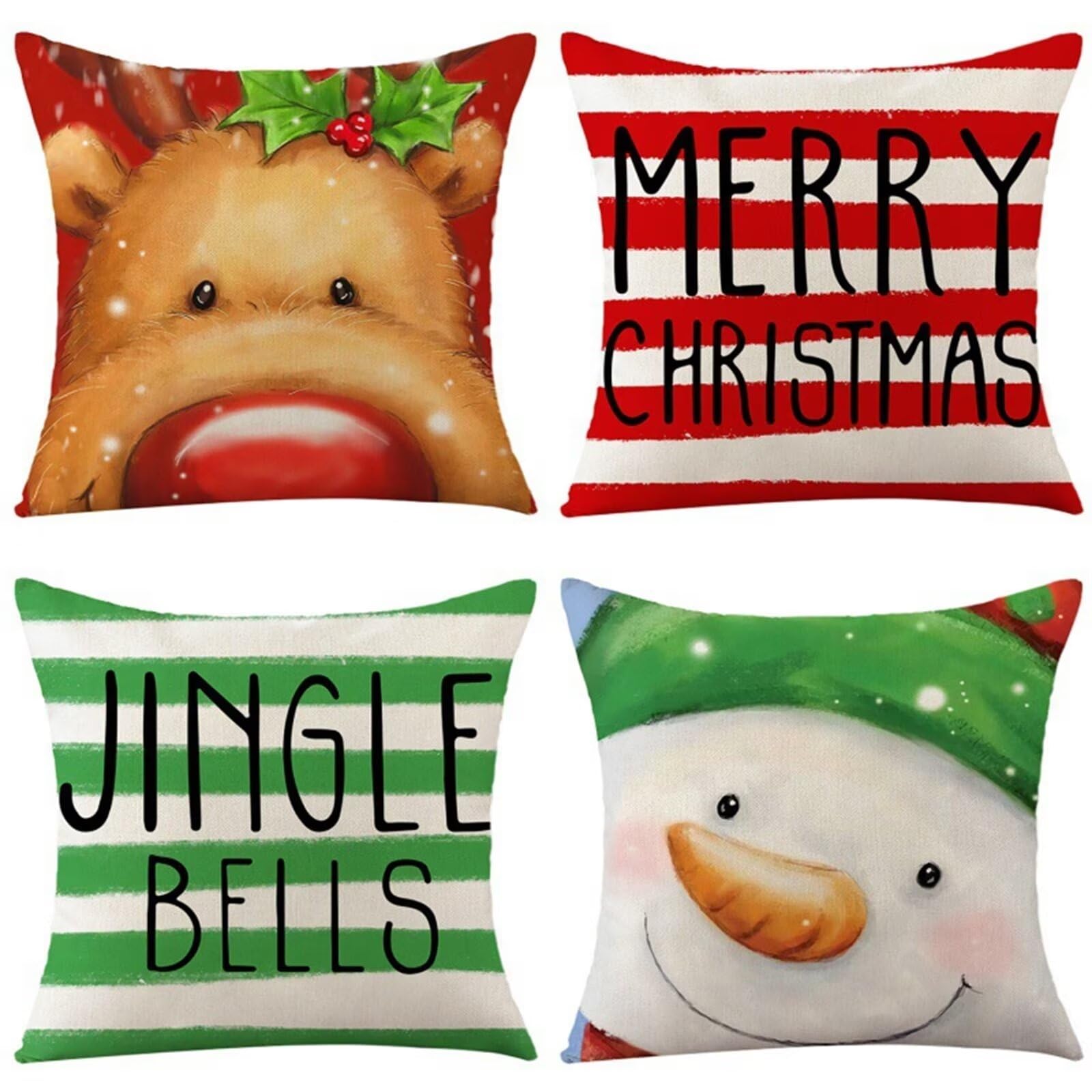 Housse de coussin Noël 50x50 cm en lin lot de 4 taies décoratives élan et bonhomme de neige
