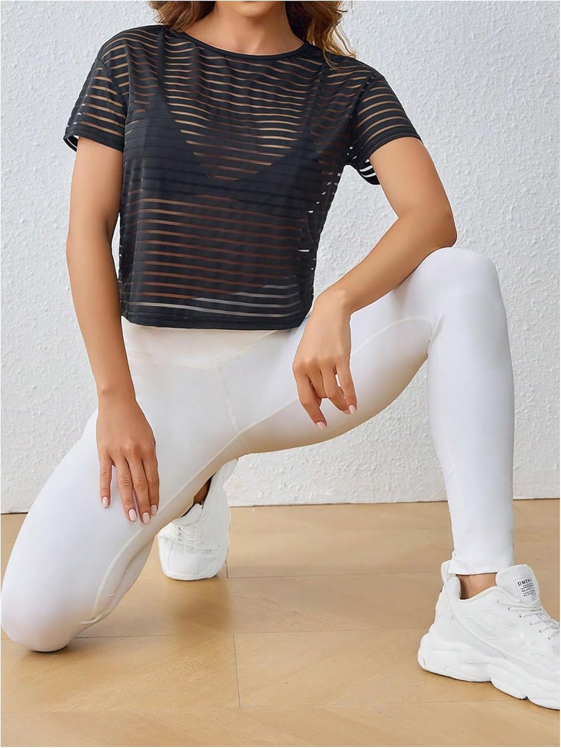 OYOANGLE Women's Mesh Sheer Striped Athletic Shirts Short Sleeve Crew Neck Workout Tops See Through Gym Top - Image 5