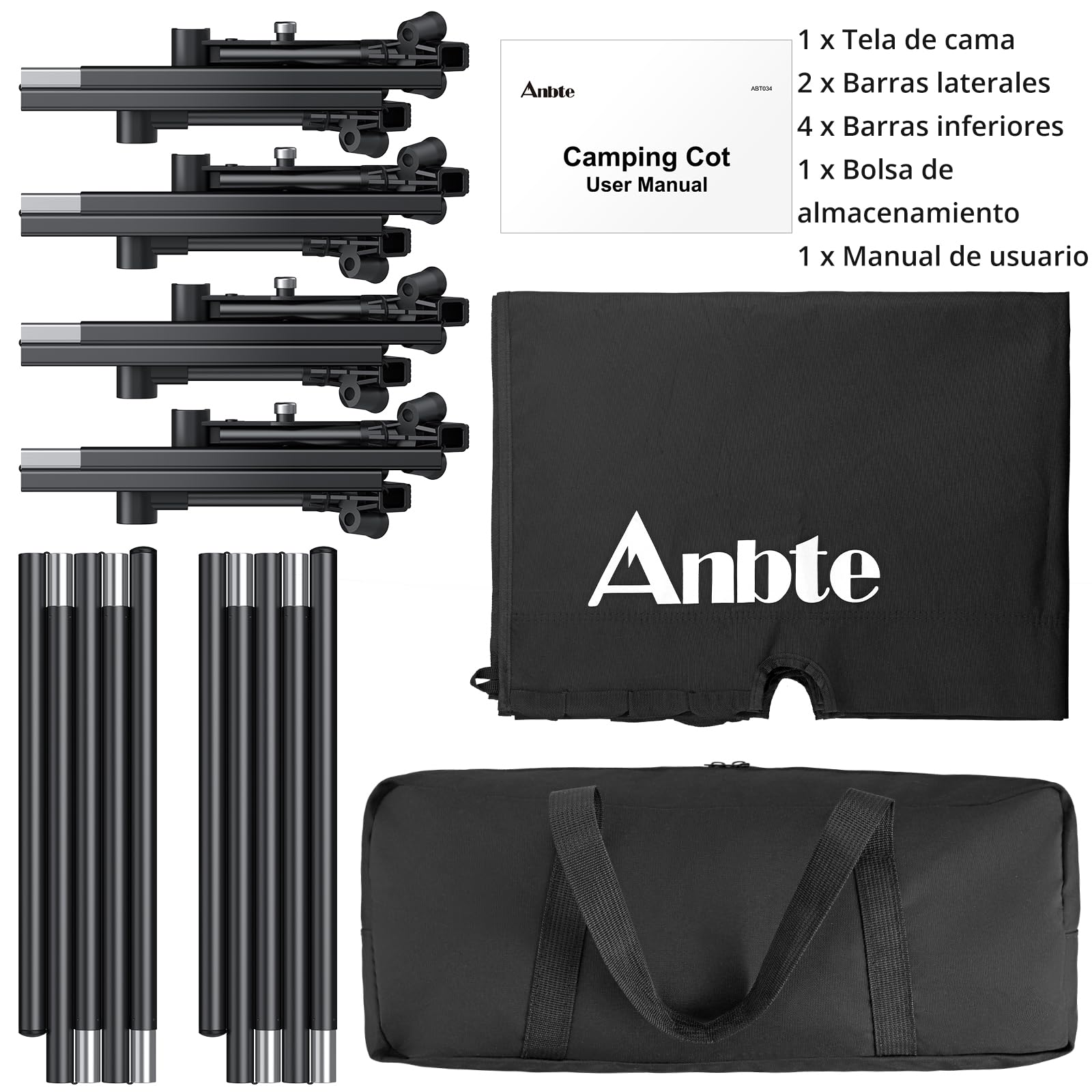 Anbte Cama de Camping Plegable 191 x 70 x 20 cm Cuna de Acampada Ultraligera Tubo de Aluminio con Capacidad de Carga de hasta 125 kg para Viajes, Playa, Jardín, Oficina, Interior y Exterior (Negro)