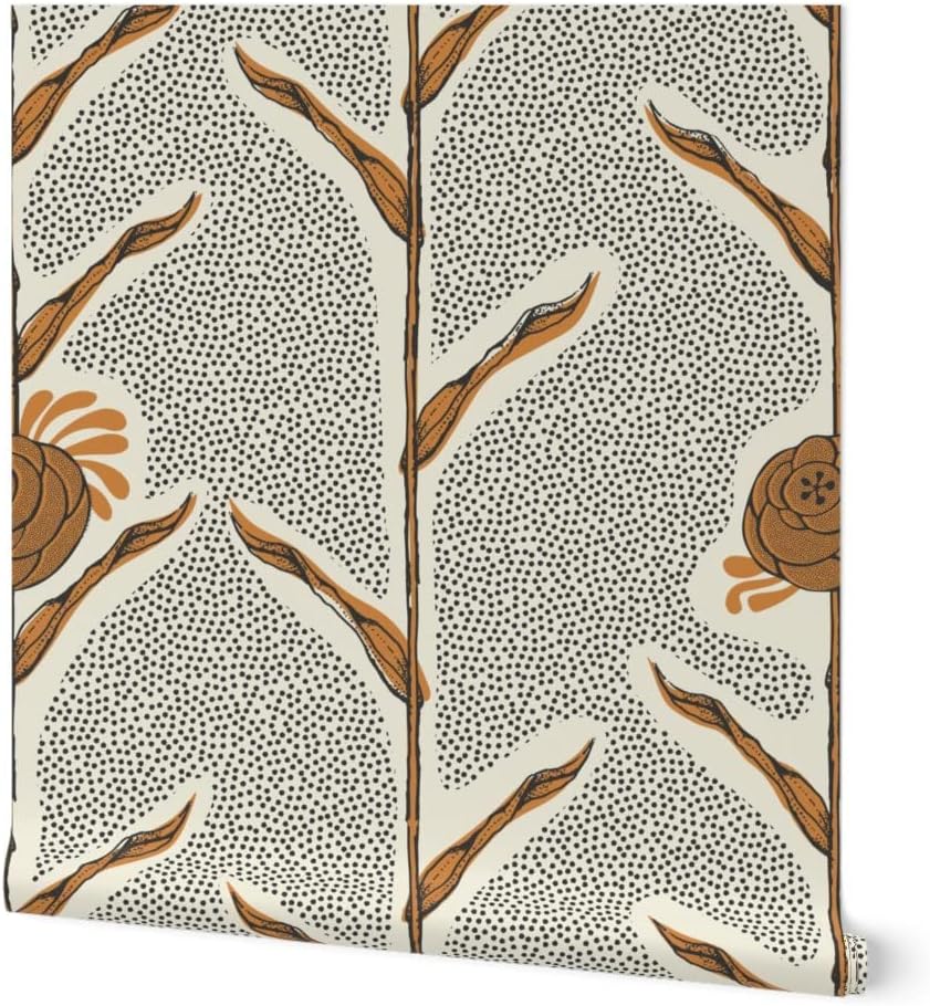 Spoonflower Peel & Stick Wallpaper 3ft x 2ft - Botanical Peony Cream Charcoal Golden Flower Nature Leaf Custom Removable Wallpaper