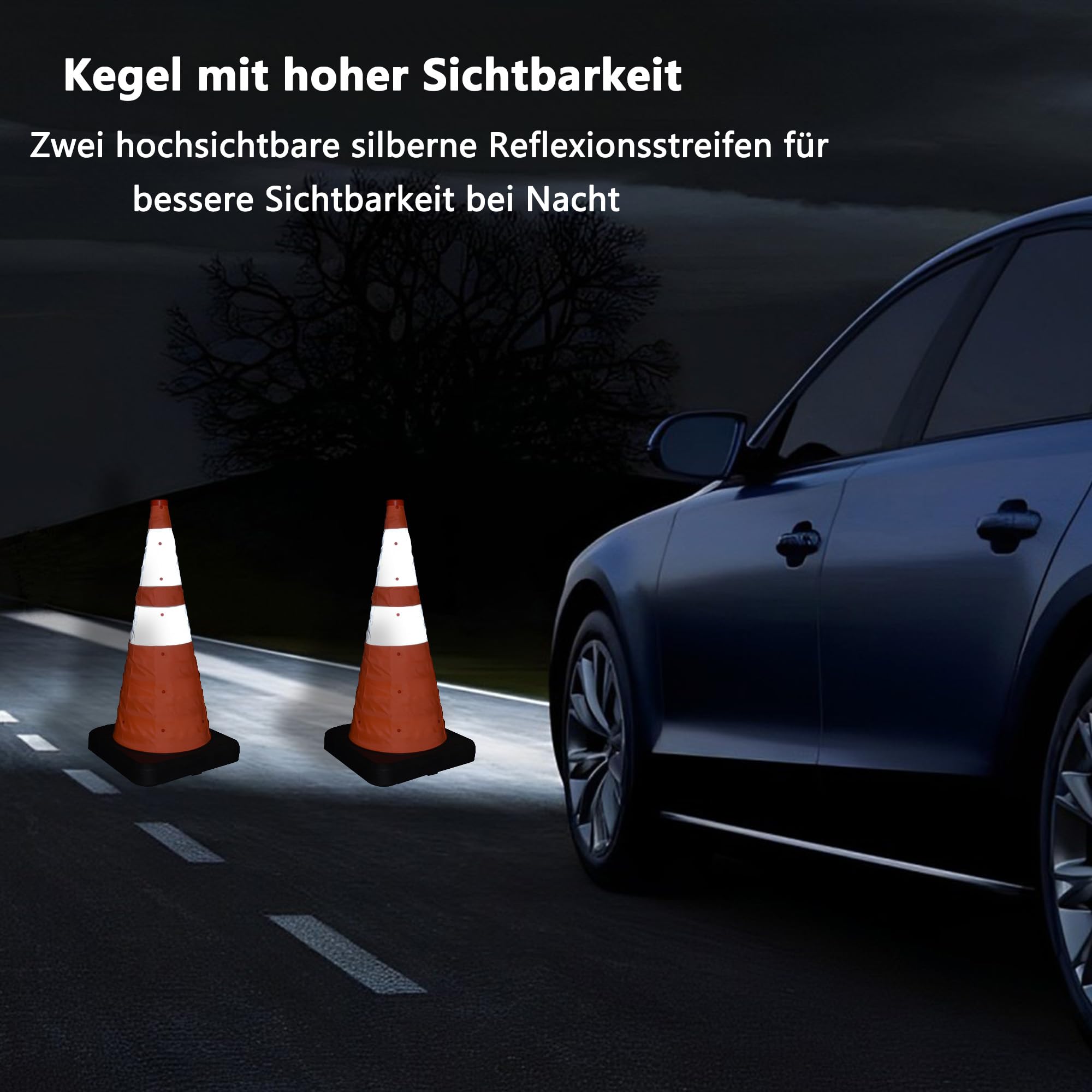 4 Stück Warnkegel, 70cm Reflektierender Verkehrskegel, Orange Verkehrsleitkegel Pylone Faltbar, Zusammenlegbare Mehrzweck Verkehrssicherheitskegel