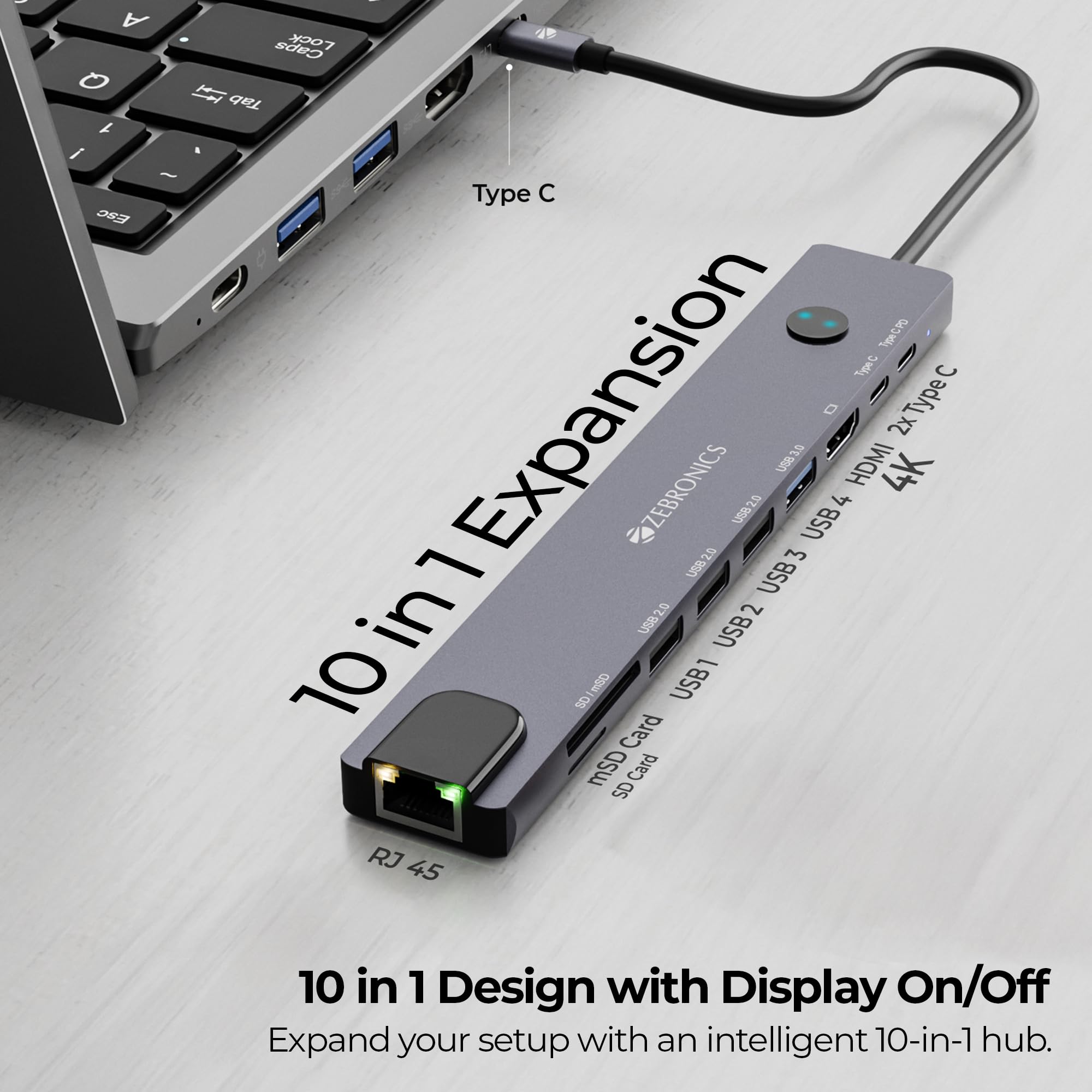 Zebronics 10-in-1 Type-C Multiport Hub, 100W PD Support, 5Gbps Data Transfer, HDMI 1.4 (4K@30Hz) with On/Off Button, USB 3.0, RJ45, SD, mSD, Metal Body, LED Indicator (CT101 Plus) — Amazon image 2