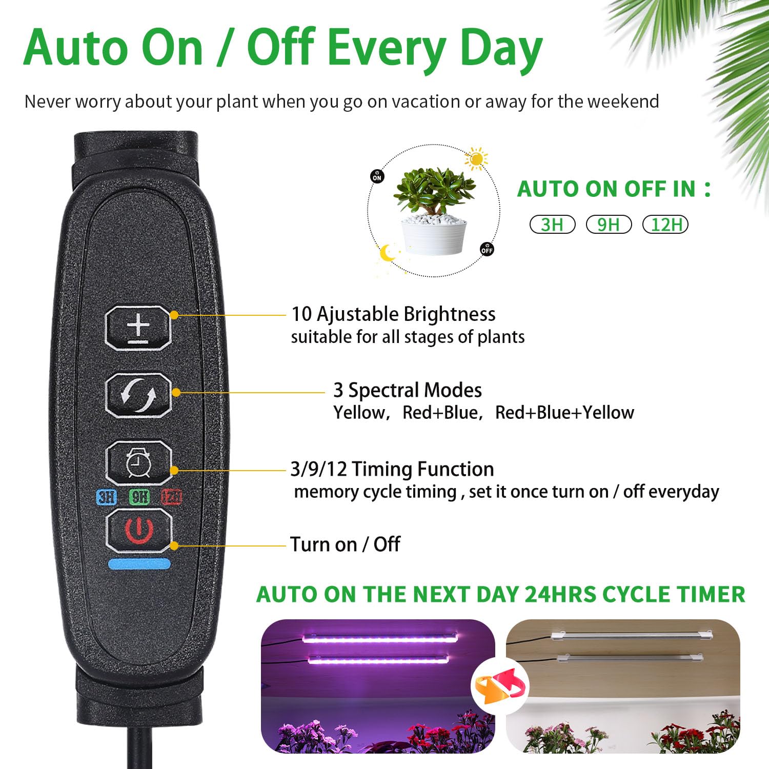 Lámpara de cultivo de dos tiras para plantas de interior, tiras de luz LED de espectro completo rojo, azul y amarillo con temporizador de encendido/apagado automático de 3/9/12 horas, 10 niveles