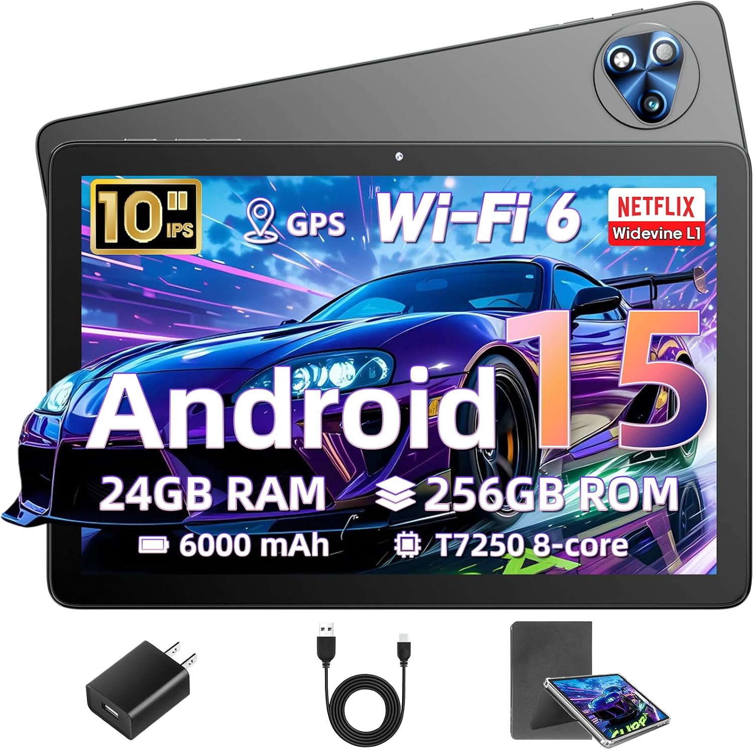 10 Inch Tablet, Android 15 Tablet with 24(8+16) GB RAM 256 GB ROM, Octa-Core T7250 CPU, 6000mAh, 13MP Camera, WiFi 6 | 1920P Screen, Widevine L1, Bluetooth 5.0, GPS, GMS