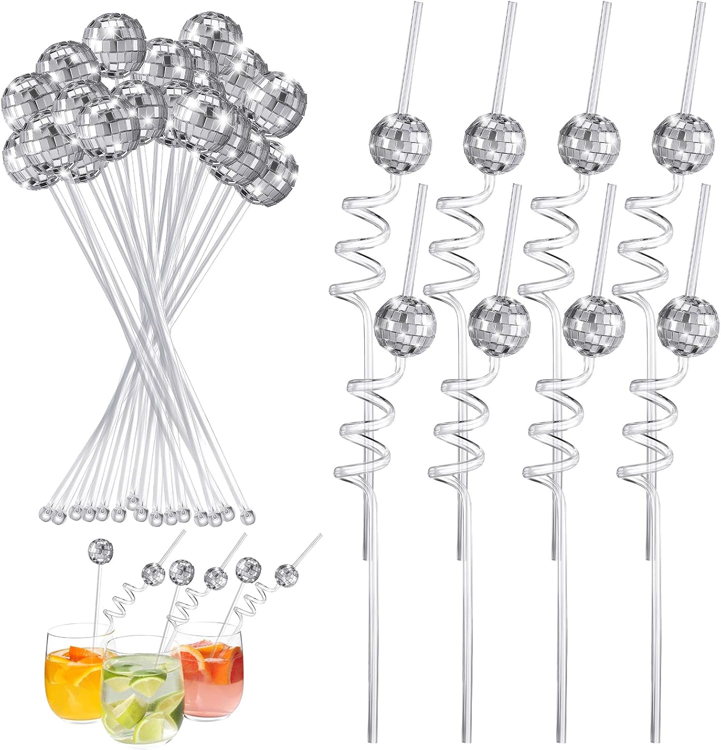 Ferraycle 24 Pcs Disco Ball Straws and Stirrers 70s Disco Party Supplies Mirror Ball Decorative Straws for Party Decorations Bar Karaoke Birthday Wedding Christmas Decoration