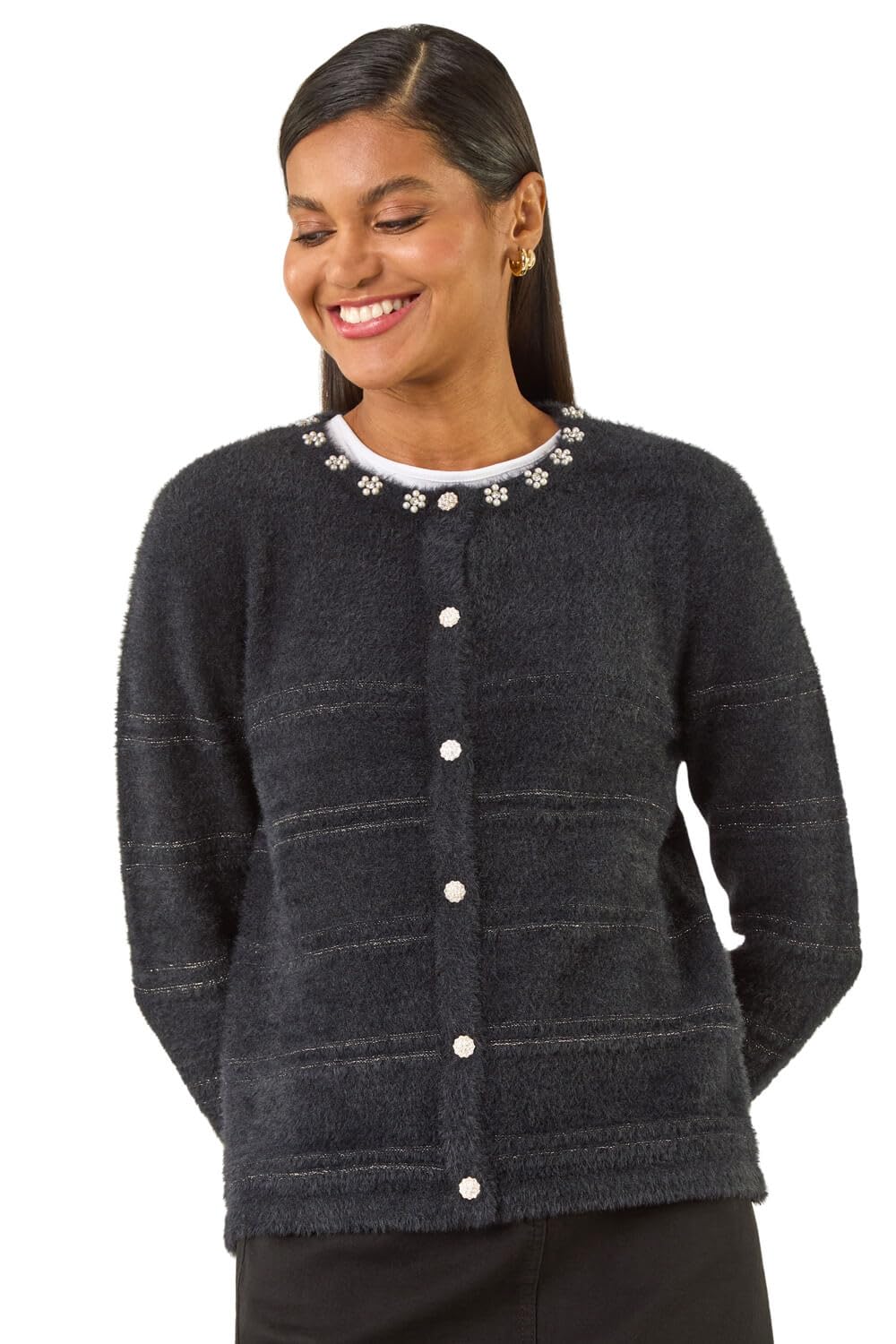 Roman Women's Cardigan - Faux Pearl Knit - Black - Size 20