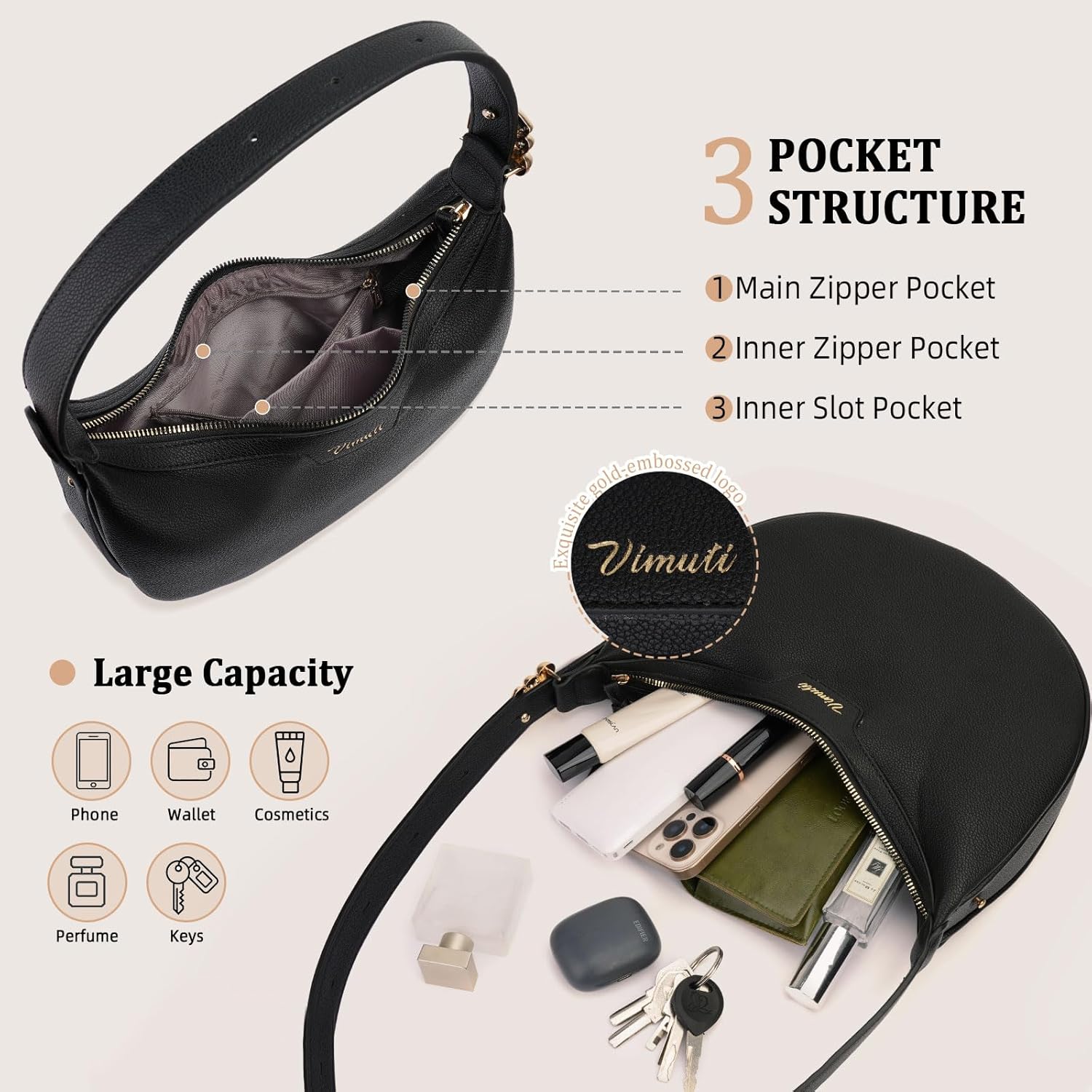 Crescent Shoulder Bag for Women, Small Vegan Leather Crossbody Purse Hobo Handbag with Adjustable Strap for Travel - Image 5