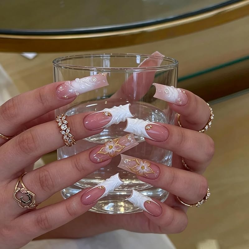 Press on Nails Square Long plalely Acrylic Nails for Women 24pcs | White with PInk Gradient Stick on Nails, Gold Charms, Appearance 3D Flower Nails Press ones for Women Hot Girls