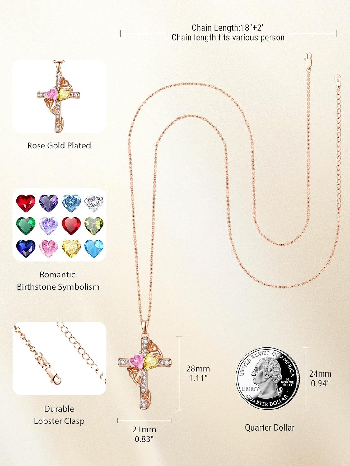Rose Gold Dual Birthstones Cross Necklace for Women Rose Flower Jewelry Anniversary Christmas Mother's Valentine's Day Birthday Gift for Wife Girlfriend Mom
