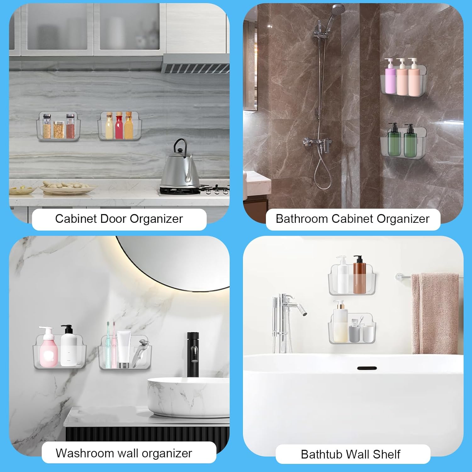 CGBE 2 Packs Cabinet Door Organizer, Acrylic Adhesive Shelf Wall Mounted Storage, Self Adhesive Shower Shelves Without Drilling, Automatic Draining Clear Shower Organizer for Bathroom - Image 6