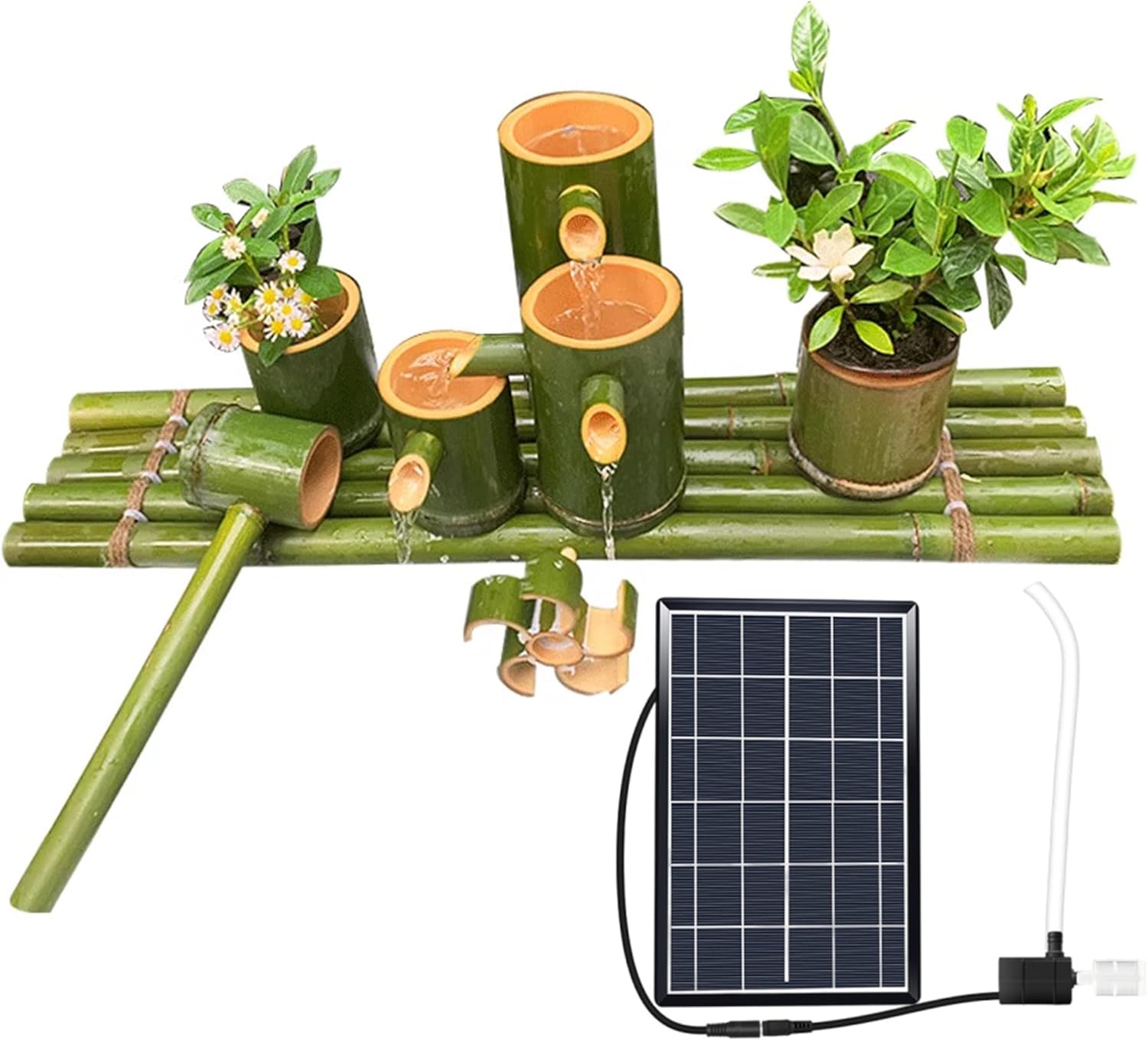 Solar Bamboo Fountain Kit, Zen Water Fountains with Pump & Water Wheel, Garden Decor, for Indoor Outdoor Backyard Lawn