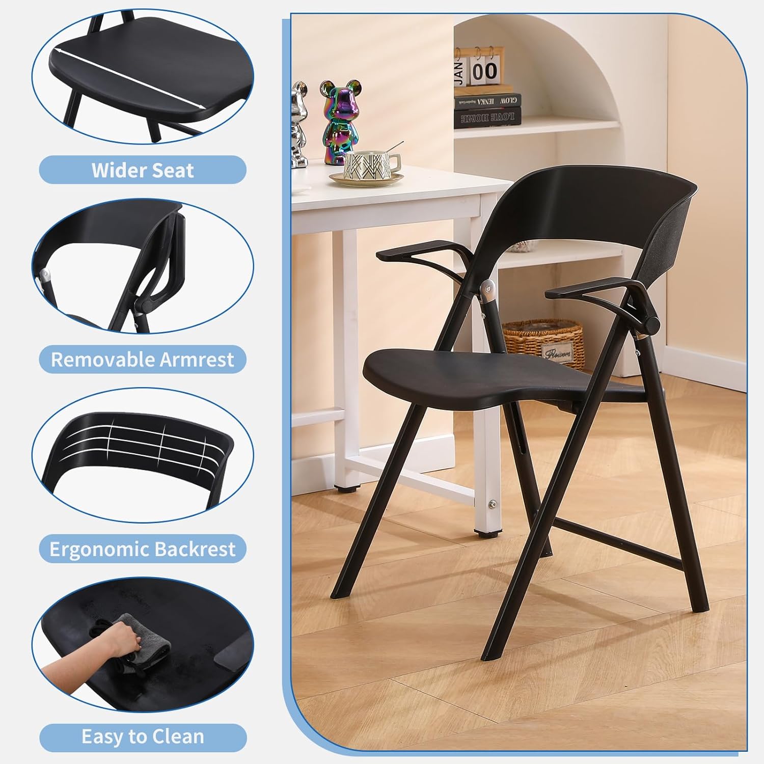 KAIHAOWIN 2 Pack Plastic Folding Chair with Armrest, Heavy Duty Foldable Chairs with Steel Frame Commercial Stackable Guest Chairs for Indoor and Outdoor-Black