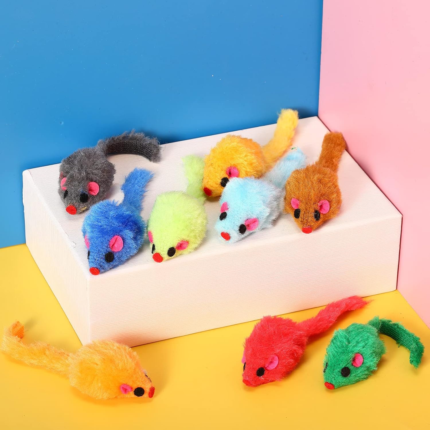 Sosation 120 Pcs Rainbow Furry Cat Mouse Toys Interactive Rattle Cat Toy Mice Small Soft Rustle Sound Kitten Toys for Pets Cat Puppy Kittens Play, Assorted Colors