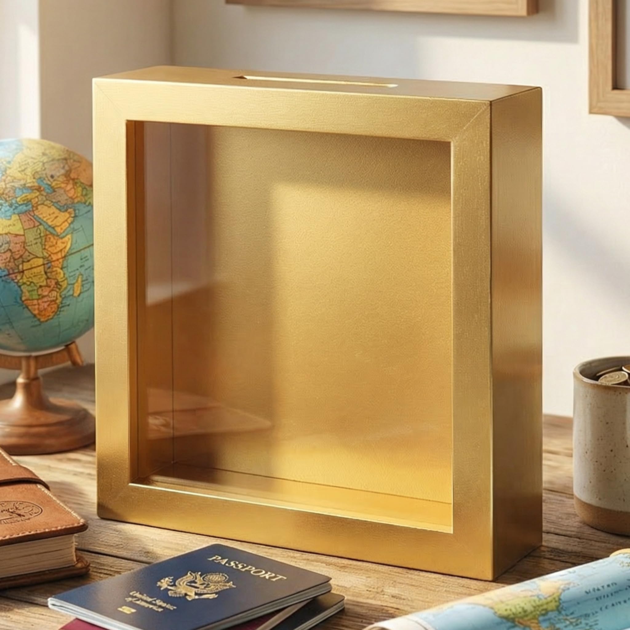 MIJOMA 3D Picture Frame Money Box with Transparent Windscreen Gift Piggy Bank Packaging (Blank - Gold, Rectangular)