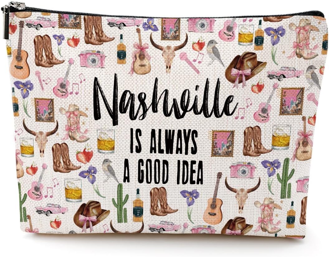 Nashville Travel Gift Cosmetic Bag Nashville Lovers Gift Nashville Souvenir Makeup Bag Girls Trip Gifts Favors Nashville City Themed Gifts for Women Sister Birthday Christmas Bachelorette Party Favors